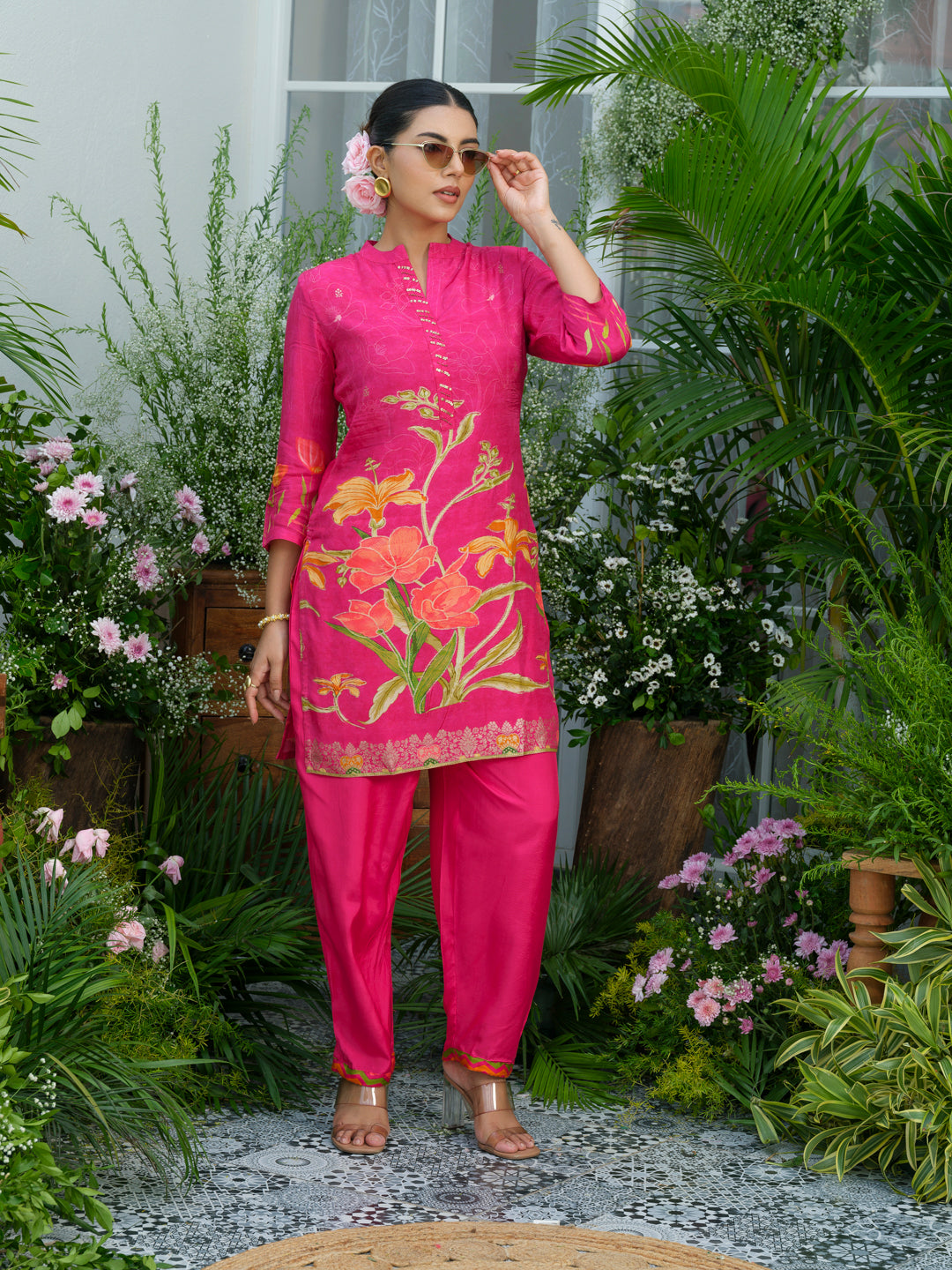 Floral Elegance – Natural Crepe Co-Ord Set in Hot Pink