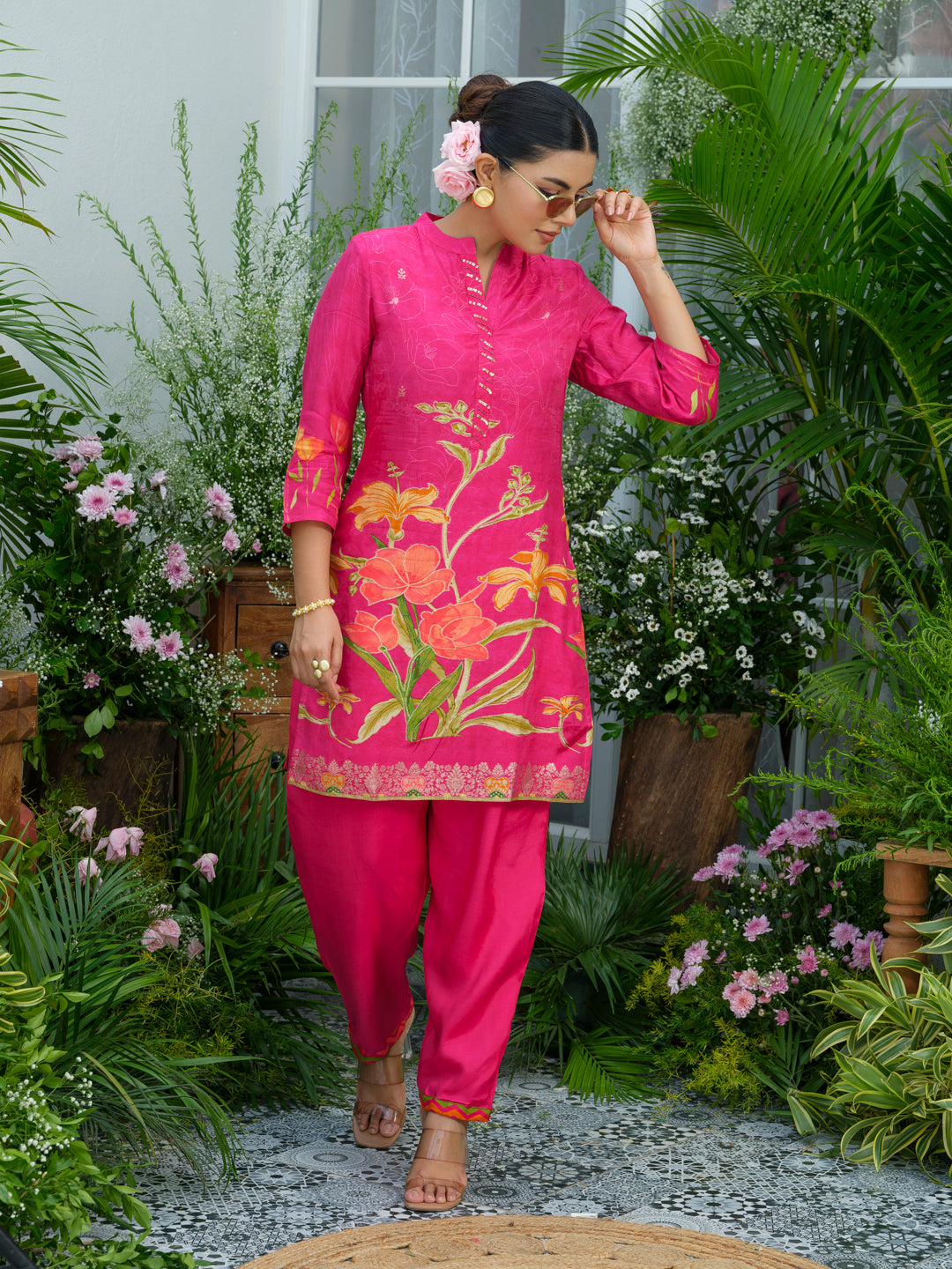 Floral Elegance – Natural Crepe Co-Ord Set in Hot Pink