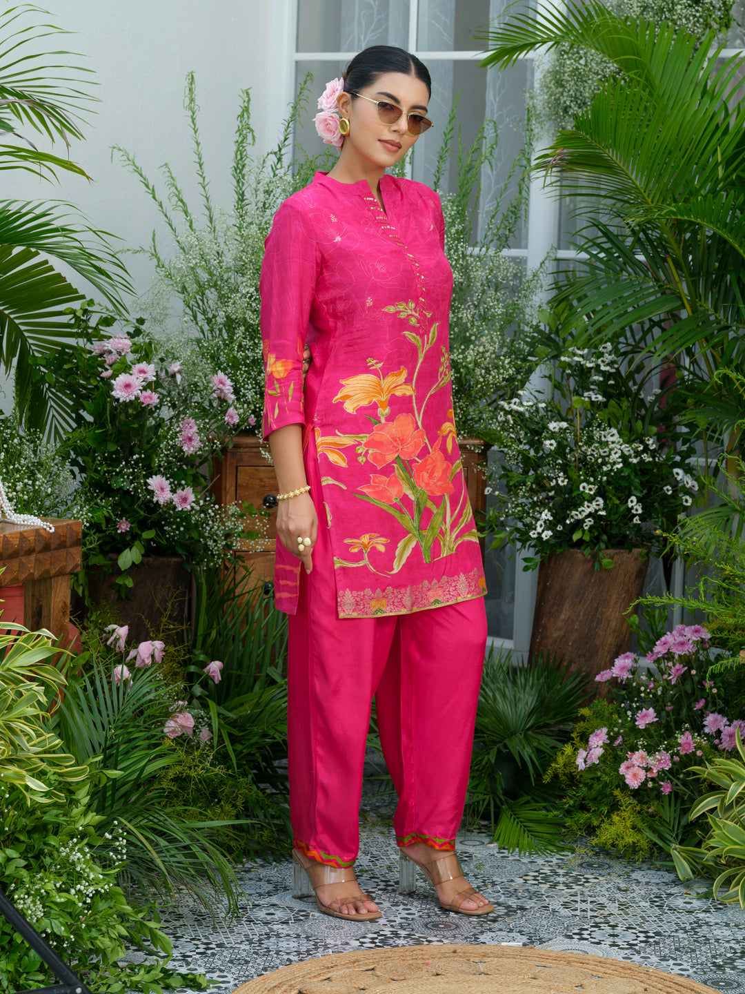 Floral Elegance – Natural Crepe Co-Ord Set in Hot Pink