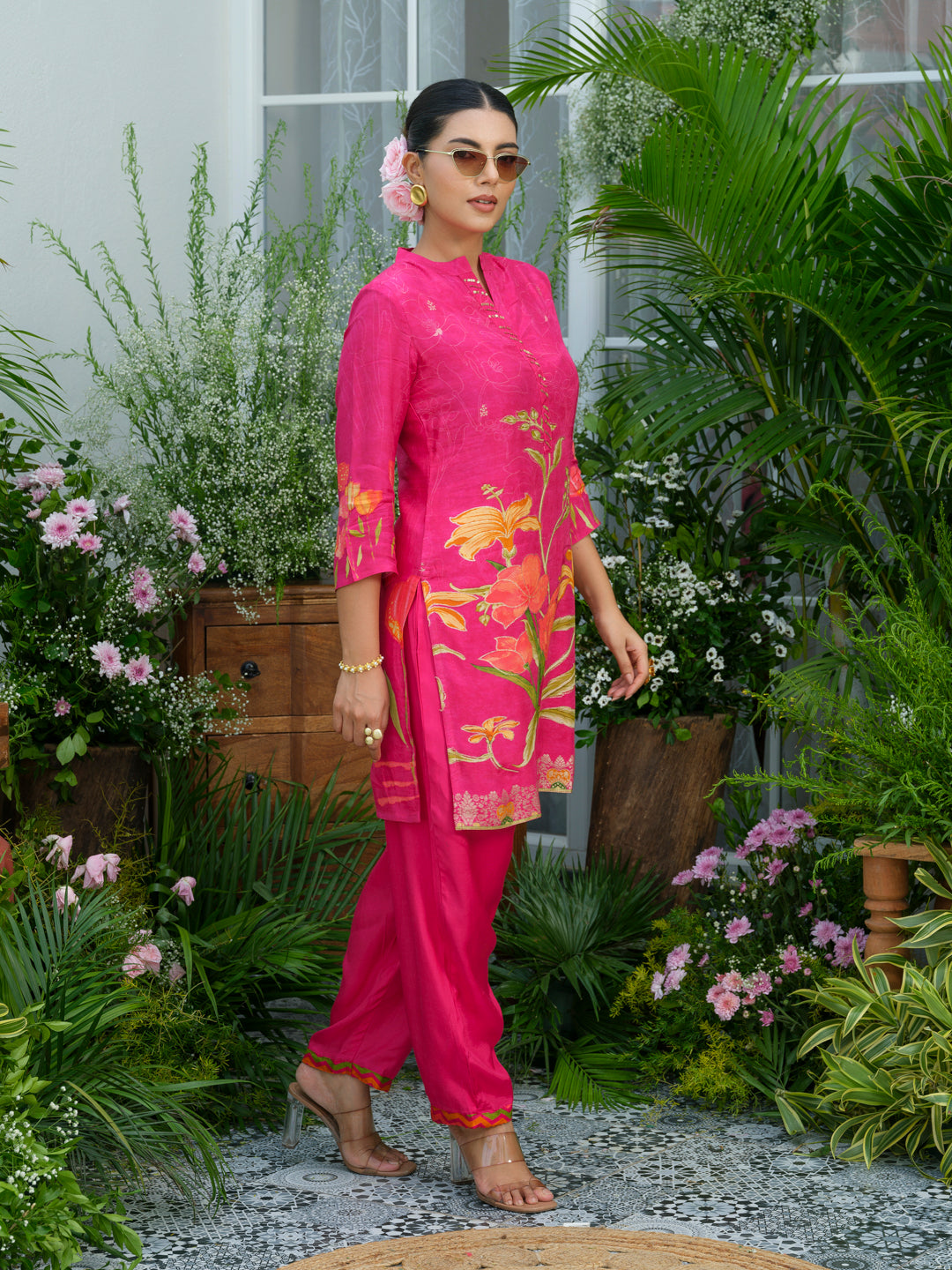 Floral Elegance – Natural Crepe Co-Ord Set in Hot Pink