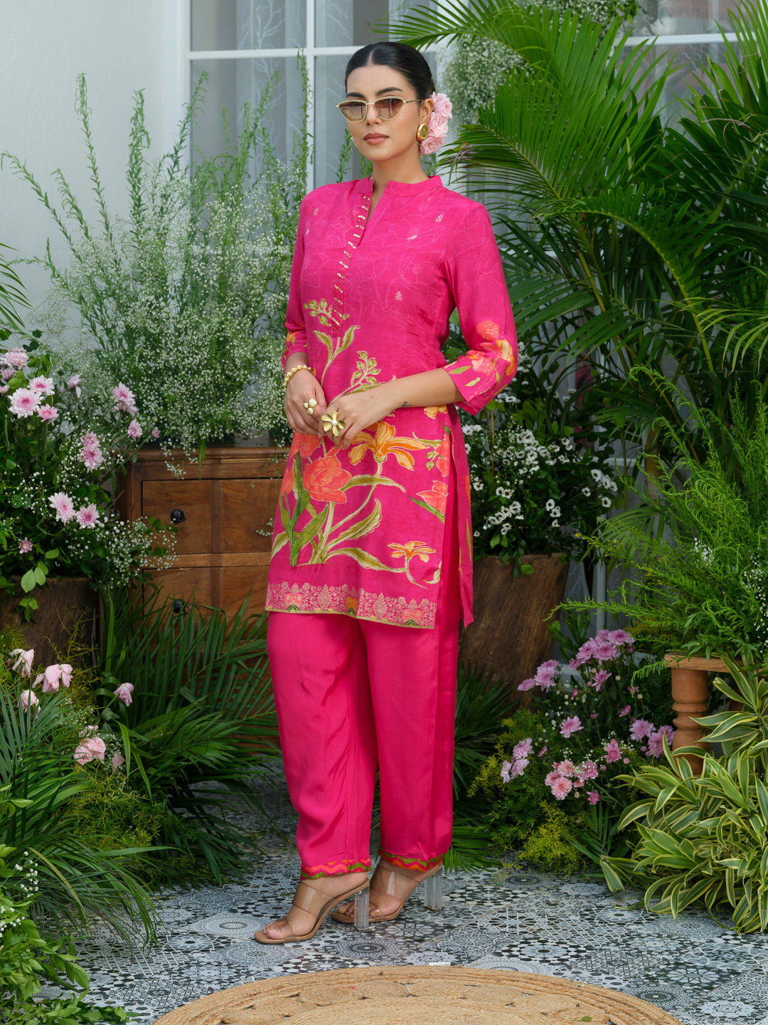 Floral Elegance – Natural Crepe Co-Ord Set in Hot Pink