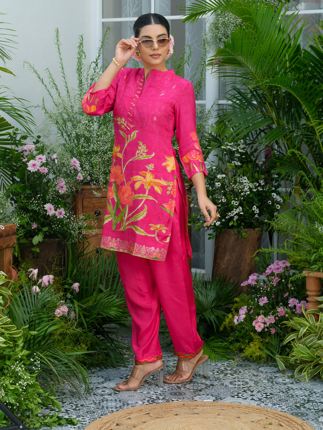 Floral Elegance – Natural Crepe Co-Ord Set in Hot Pink