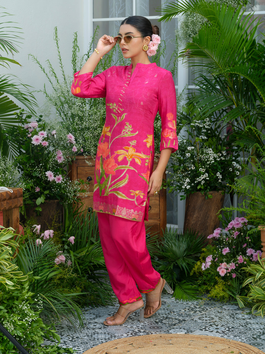Floral Elegance – Natural Crepe Co-Ord Set in Hot Pink
