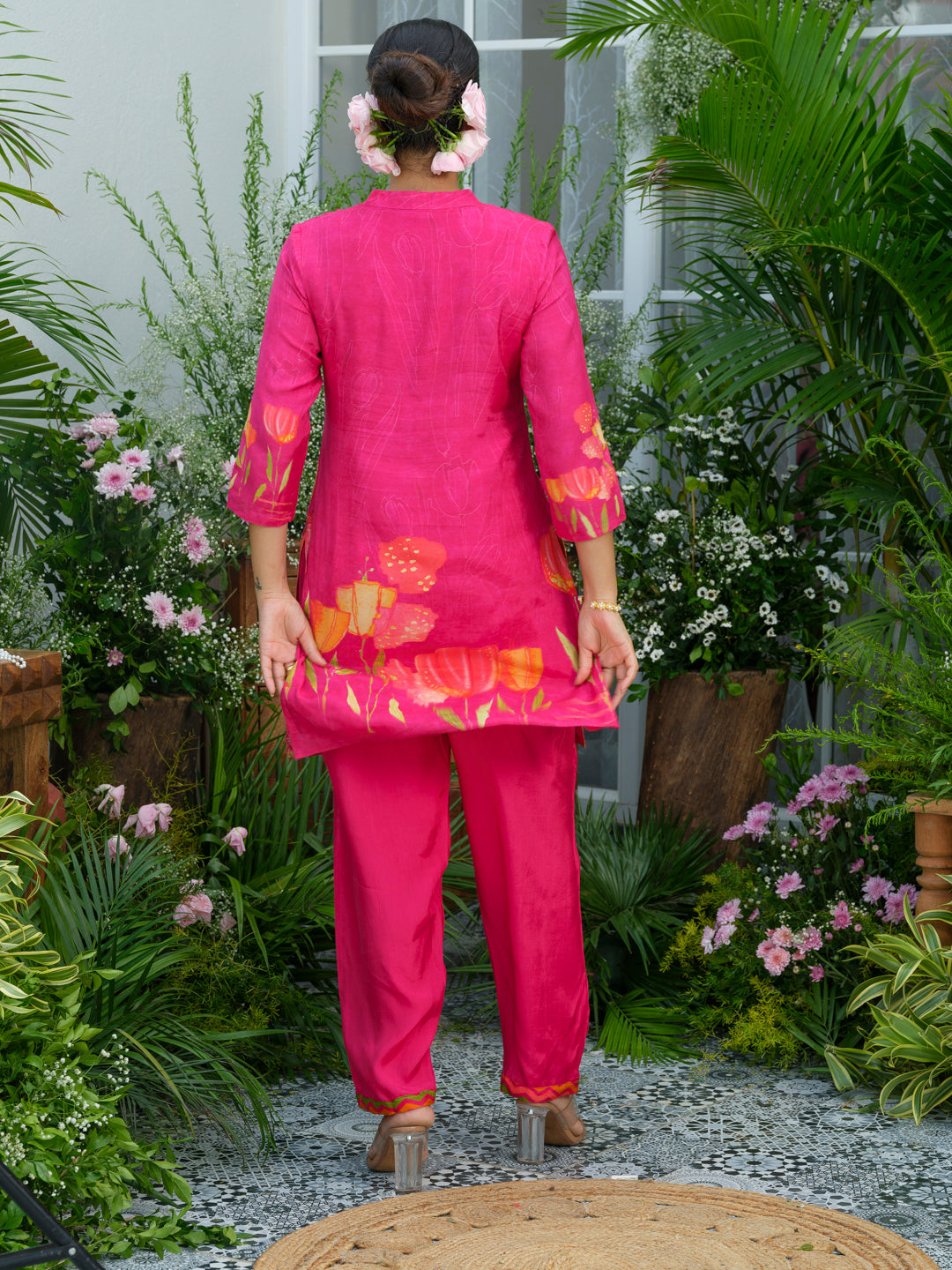 Floral Elegance – Natural Crepe Co-Ord Set in Hot Pink