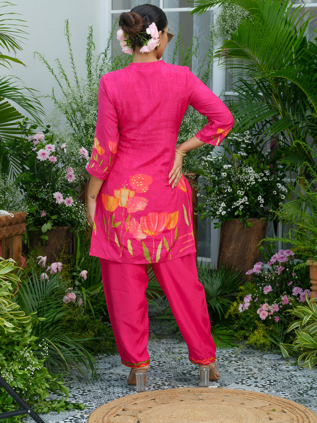 Floral Elegance – Natural Crepe Co-Ord Set in Hot Pink