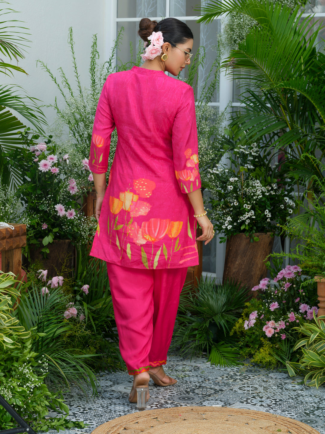 Floral Elegance – Natural Crepe Co-Ord Set in Hot Pink