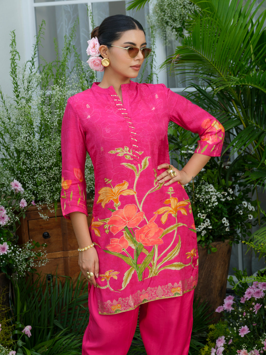 Floral Elegance – Natural Crepe Co-Ord Set in Hot Pink