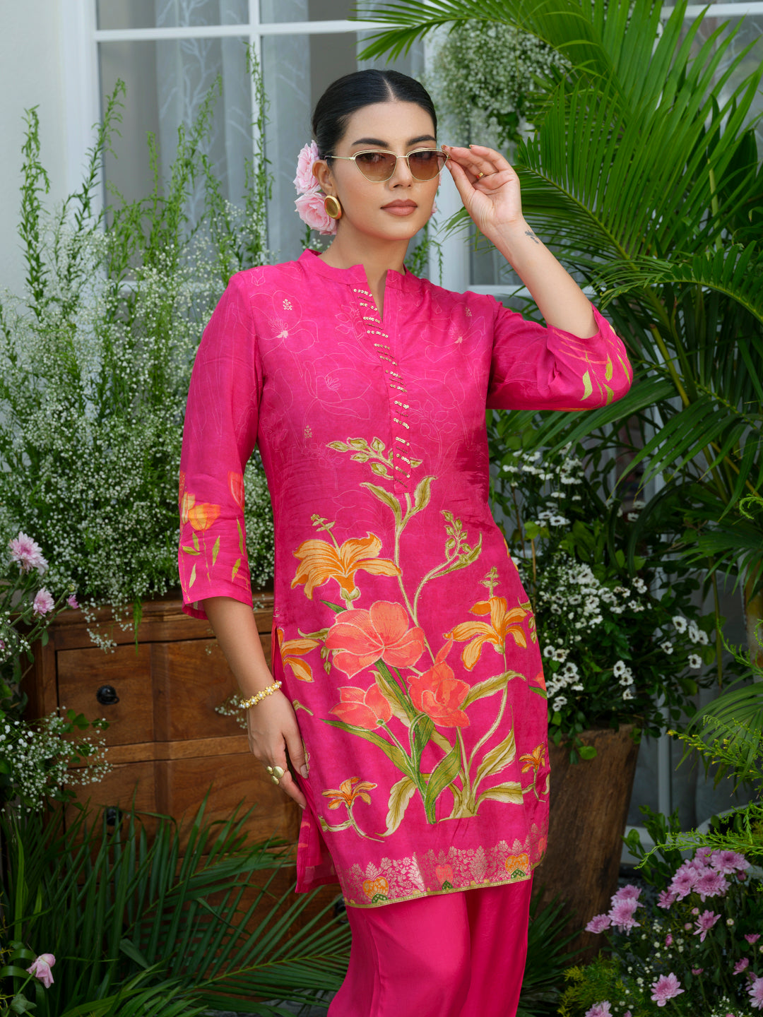 Floral Elegance – Natural Crepe Co-Ord Set in Hot Pink