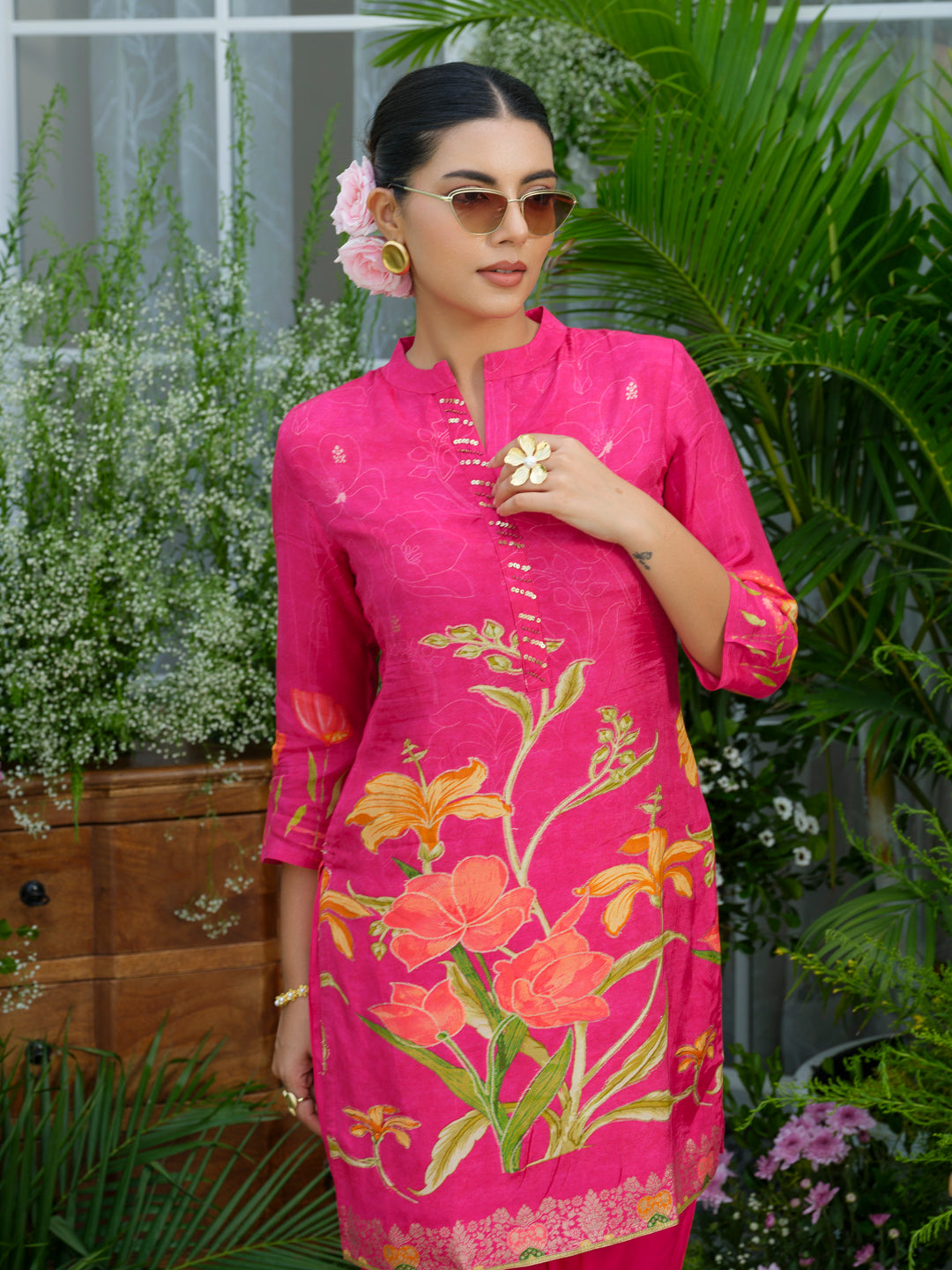 Floral Elegance – Natural Crepe Co-Ord Set in Hot Pink