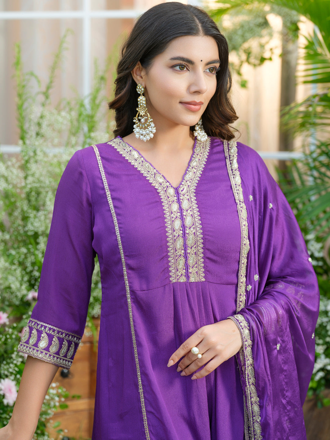 Embroidered V-Neck Chinon Kurta with pant Set and Chiffon Dupatta