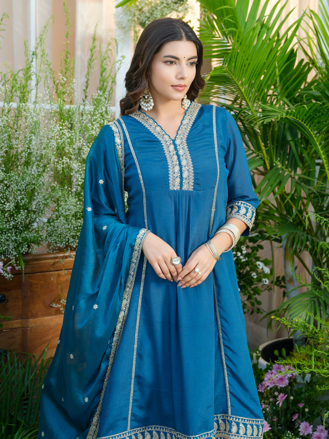 Embroidered V-Neck Chinon Kurta with pant Set and Chiffon Dupatta