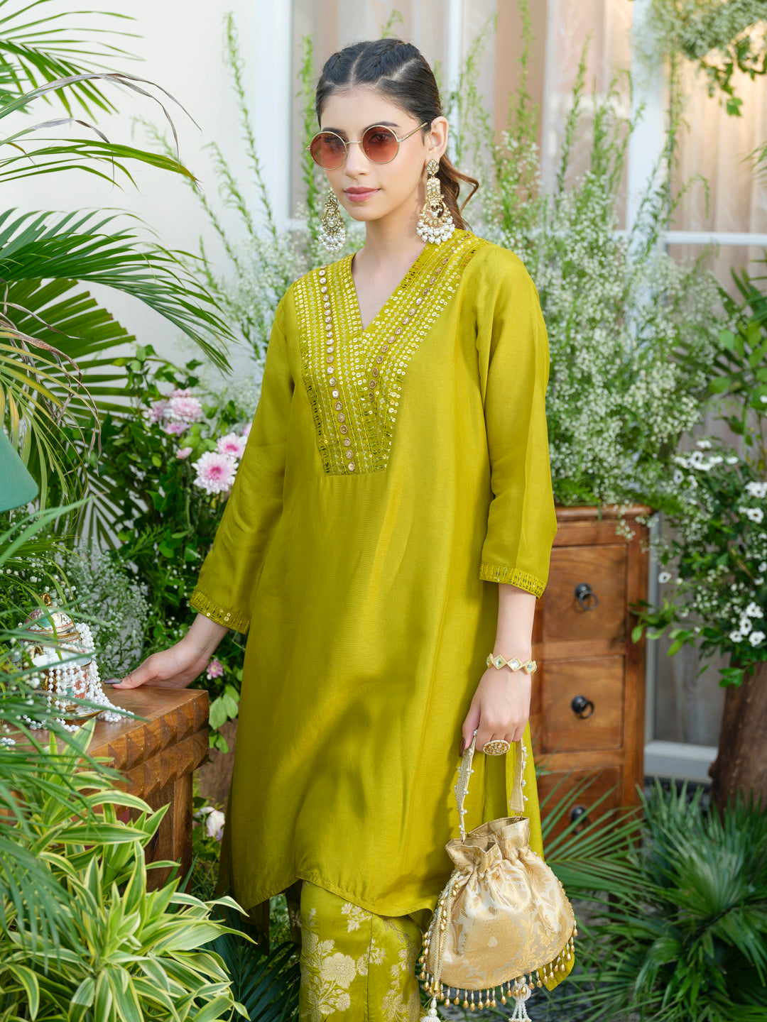 Lime Green Kurta with Gold Embroidery & Jacquard Palazzo Pants