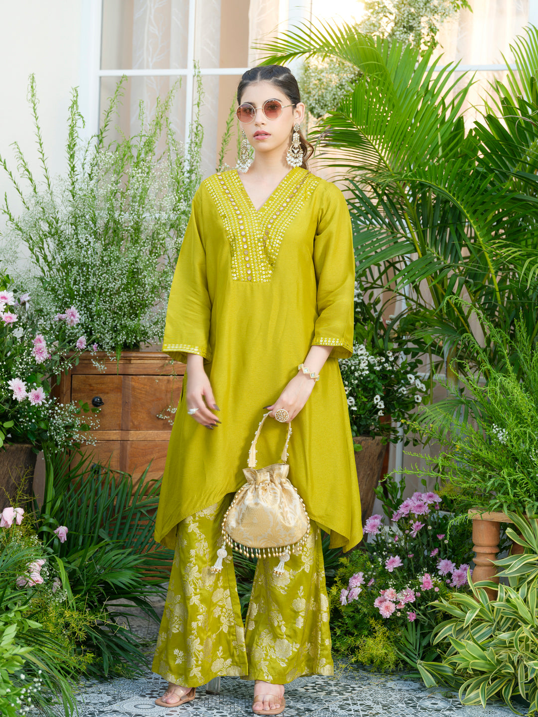 Lime Green Kurta with Gold Embroidery & Jacquard Palazzo Pants