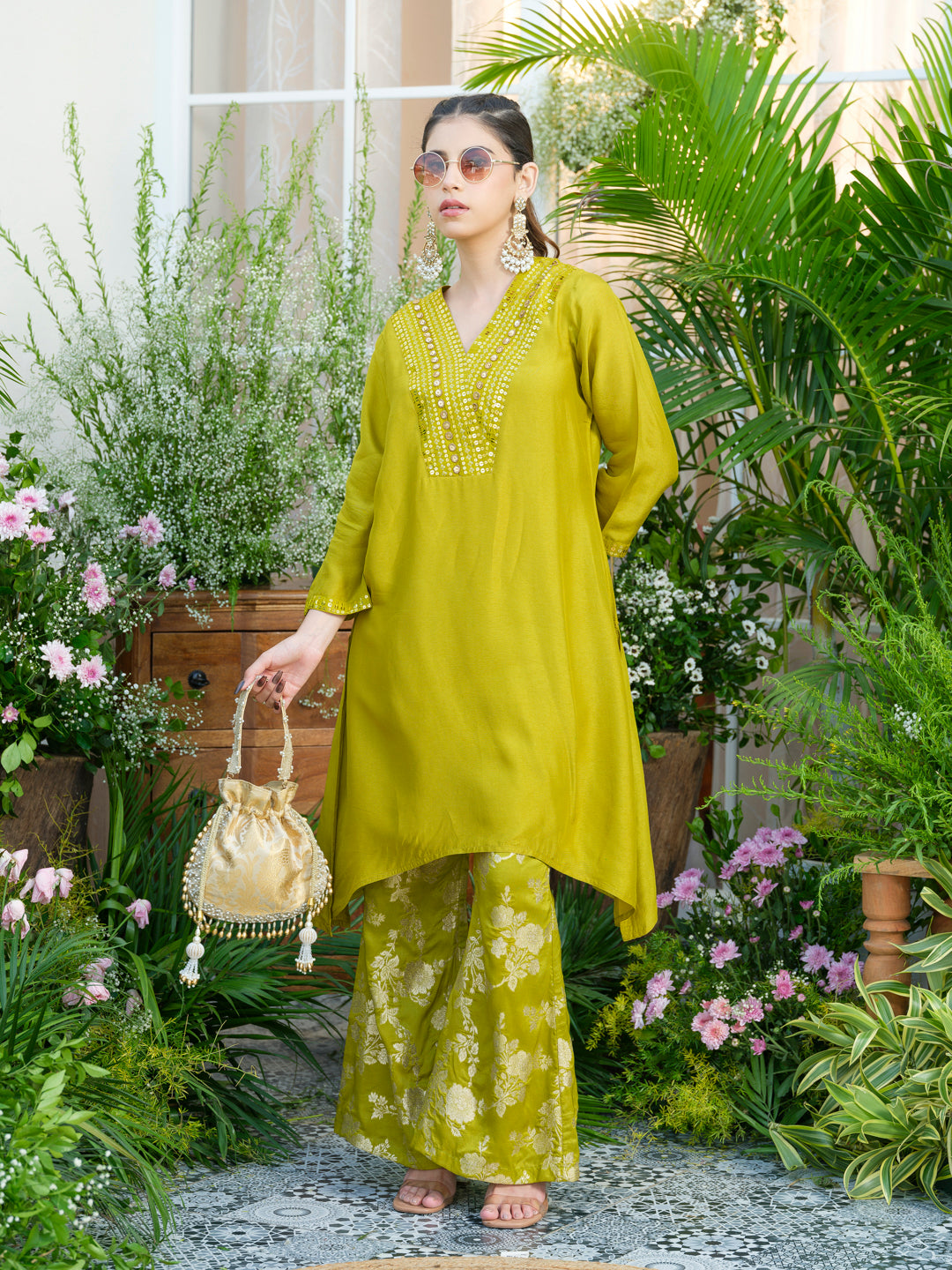 Lime Green Kurta with Gold Embroidery & Jacquard Palazzo Pants