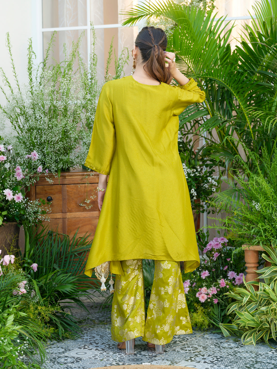 Lime Green Kurta with Gold Embroidery & Jacquard Palazzo Pants