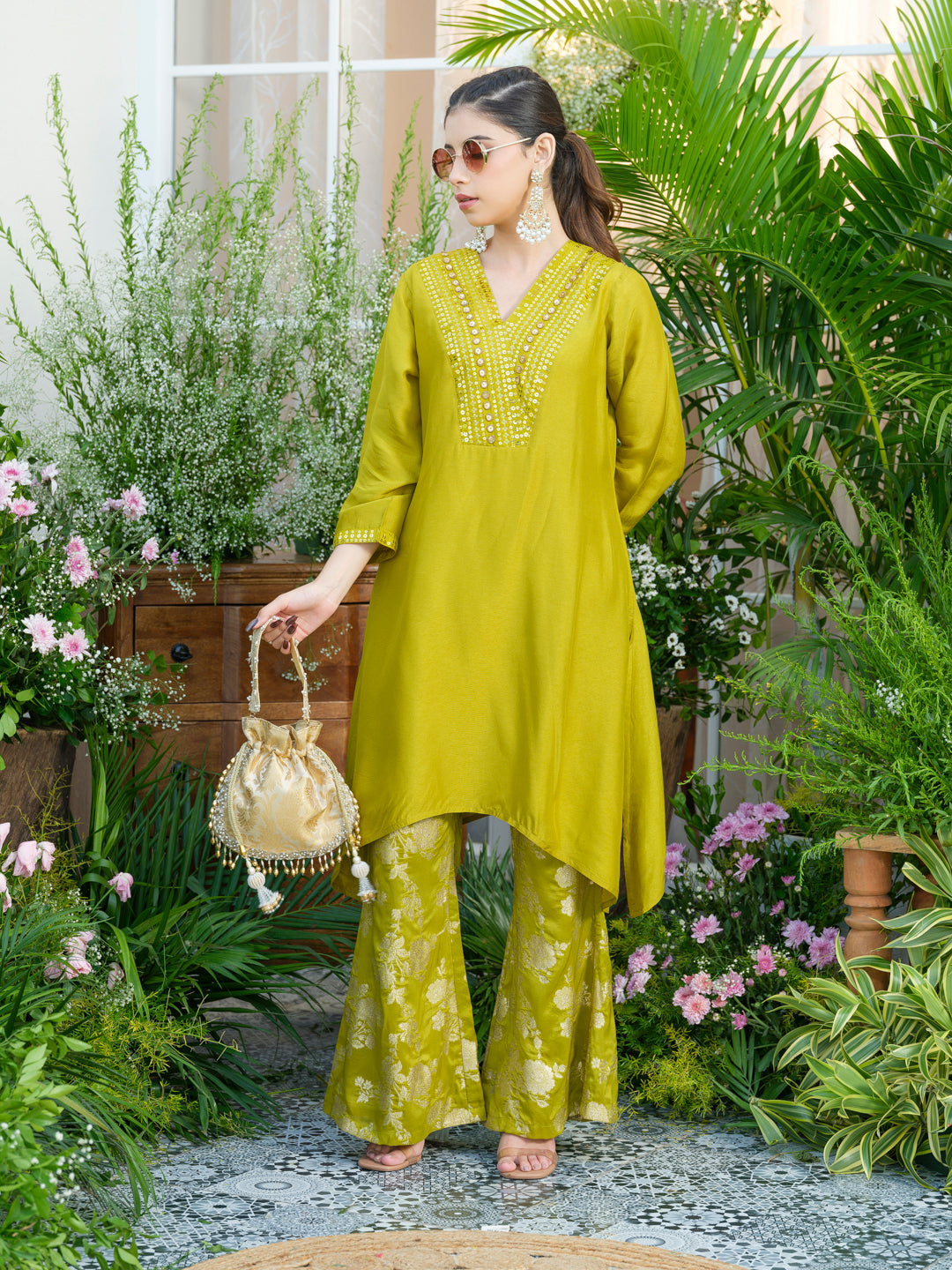 Lime Green Kurta with Gold Embroidery & Jacquard Palazzo Pants