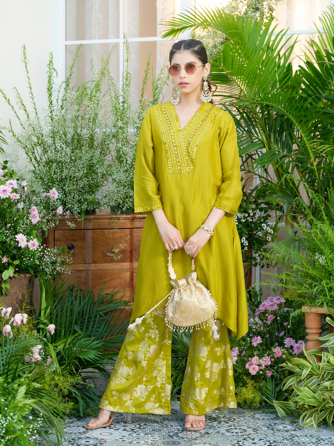 Lime Green Kurta with Gold Embroidery & Jacquard Palazzo Pants