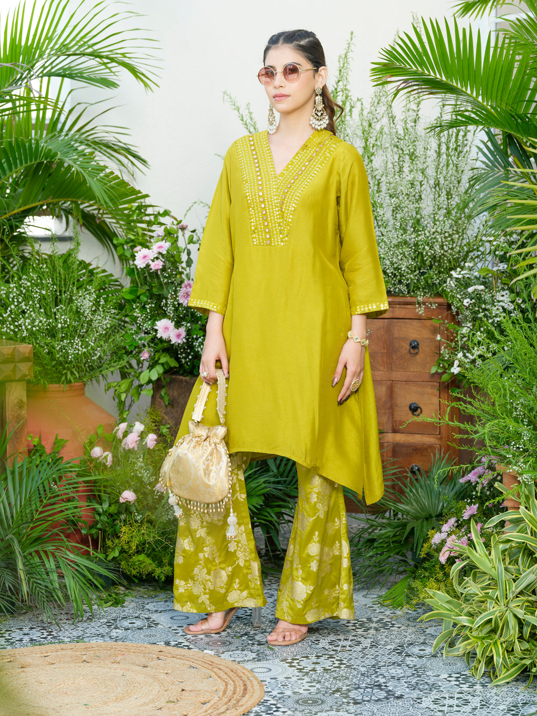 Lime Green Kurta with Gold Embroidery & Jacquard Palazzo Pants