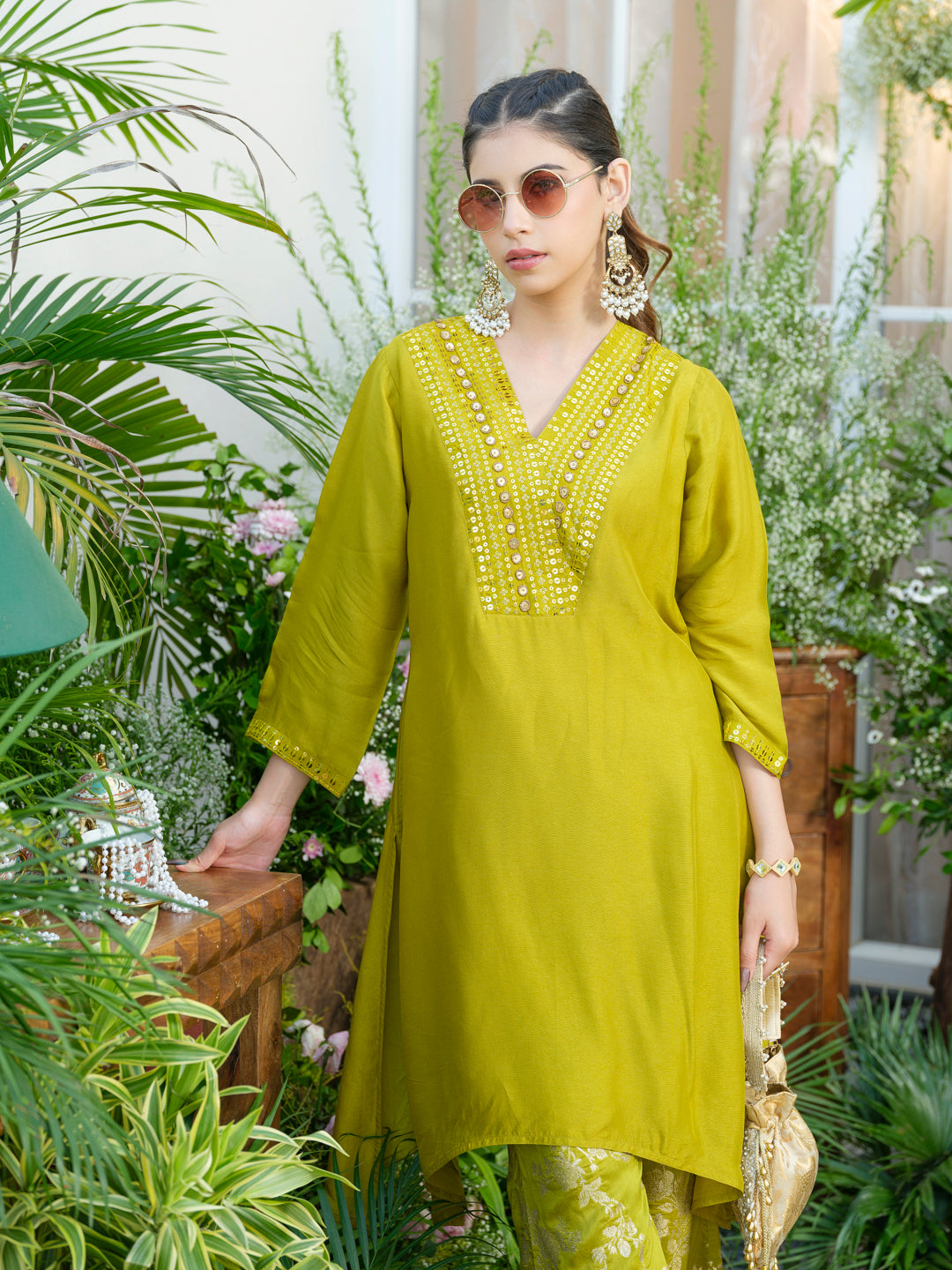 Lime Green Kurta with Gold Embroidery & Jacquard Palazzo Pants