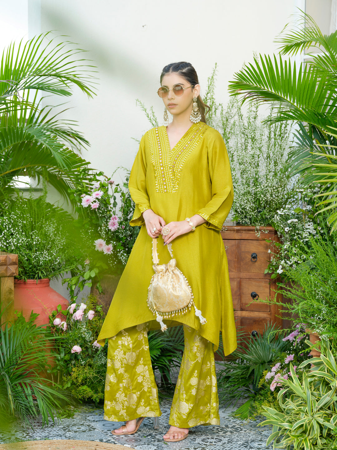 Lime Green Kurta with Gold Embroidery & Jacquard Palazzo Pants