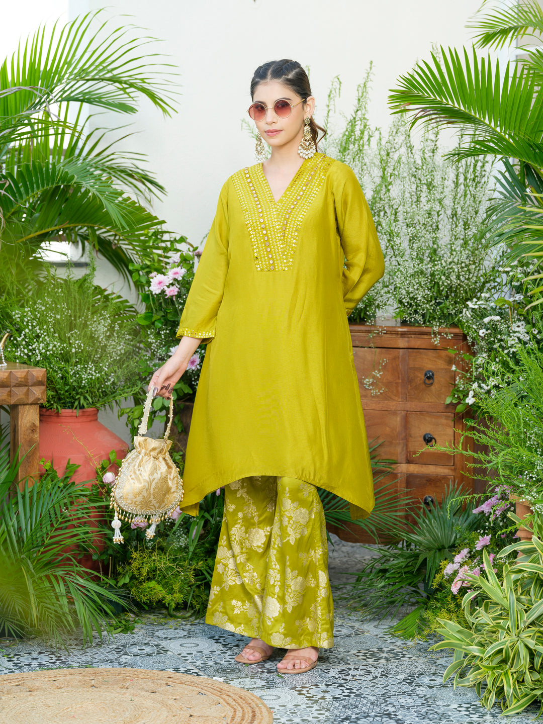 Lime Green Kurta with Gold Embroidery & Jacquard Palazzo Pants