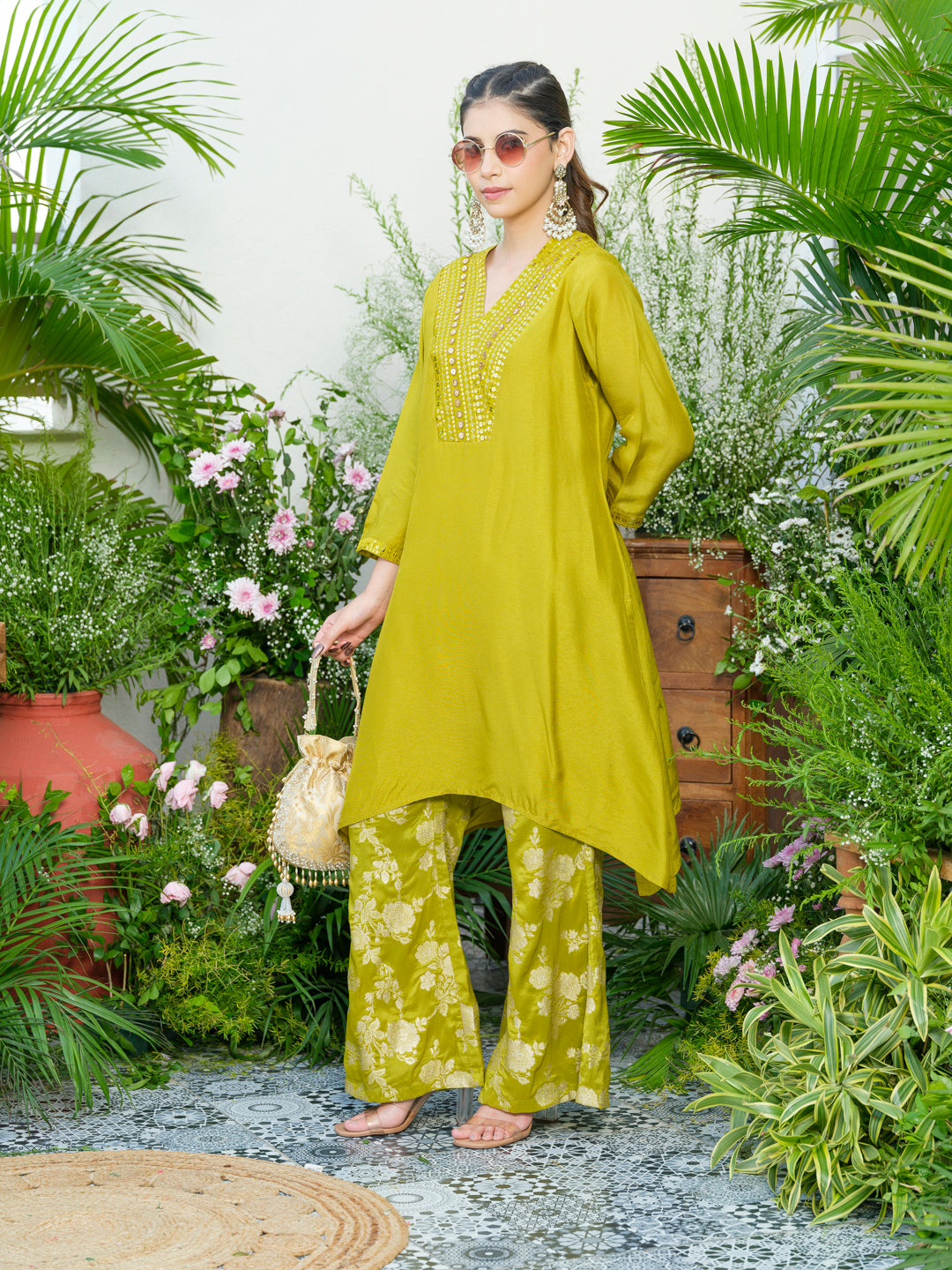 Lime Green Kurta with Gold Embroidery & Jacquard Palazzo Pants