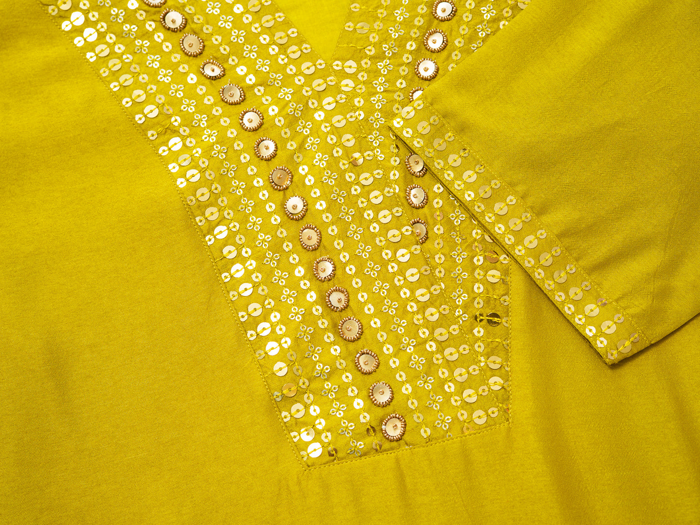 Lime Green Kurta with Gold Embroidery & Jacquard Palazzo Pants