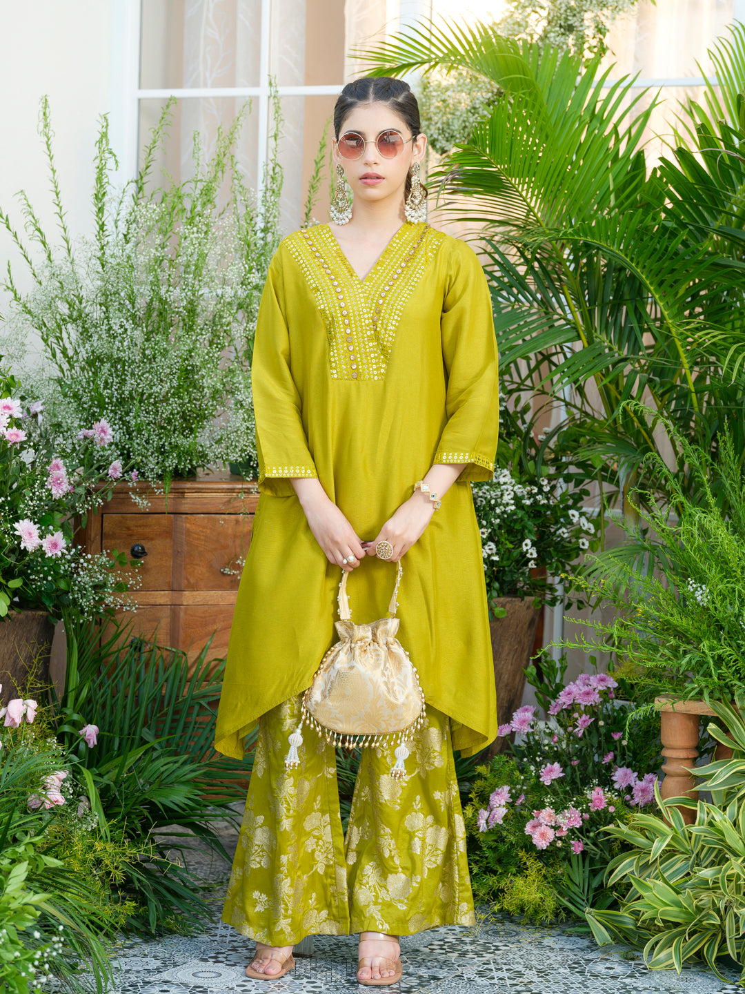 Lime Green Kurta with Gold Embroidery & Jacquard Palazzo Pants