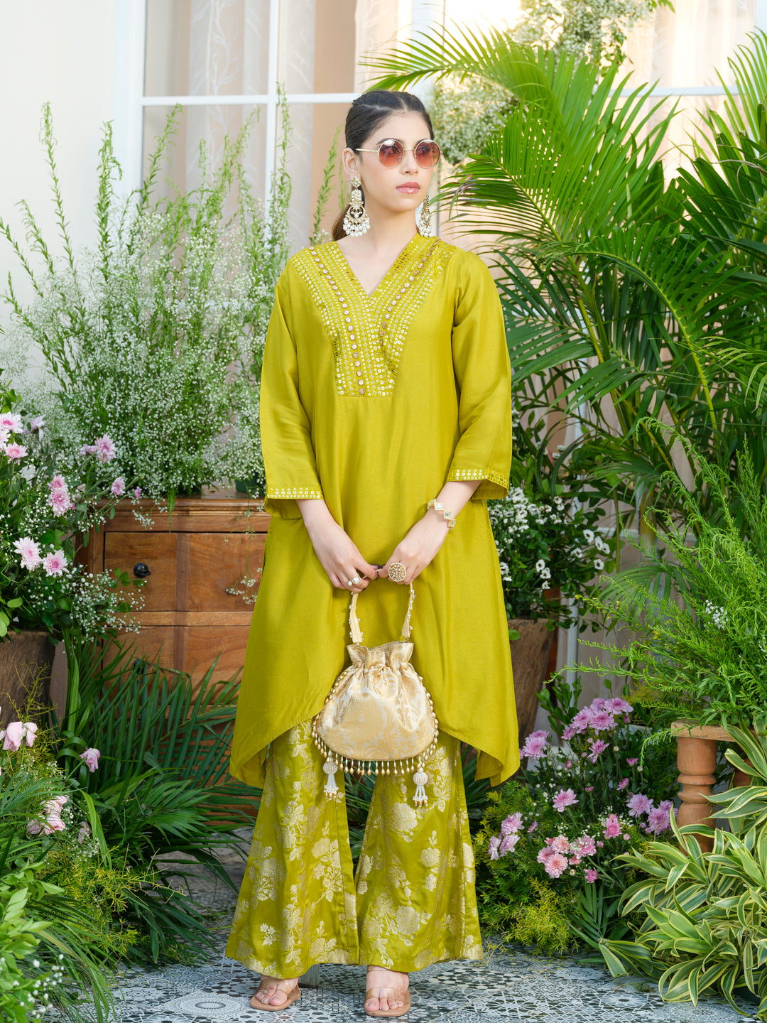 Lime Green Kurta with Gold Embroidery & Jacquard Palazzo Pants