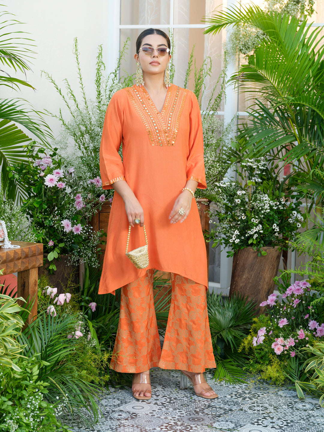 Orange Kurta with Gold Embroidery & Jacquard Palazzo Pants