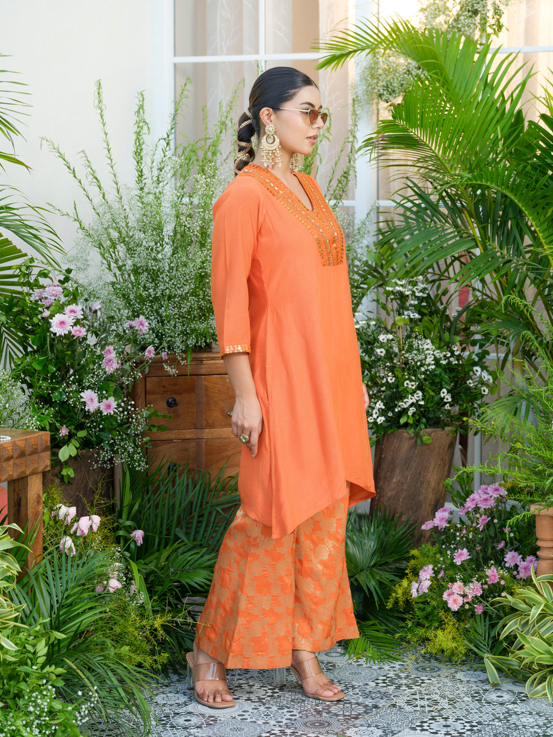 Orange Kurta with Gold Embroidery & Jacquard Palazzo Pants