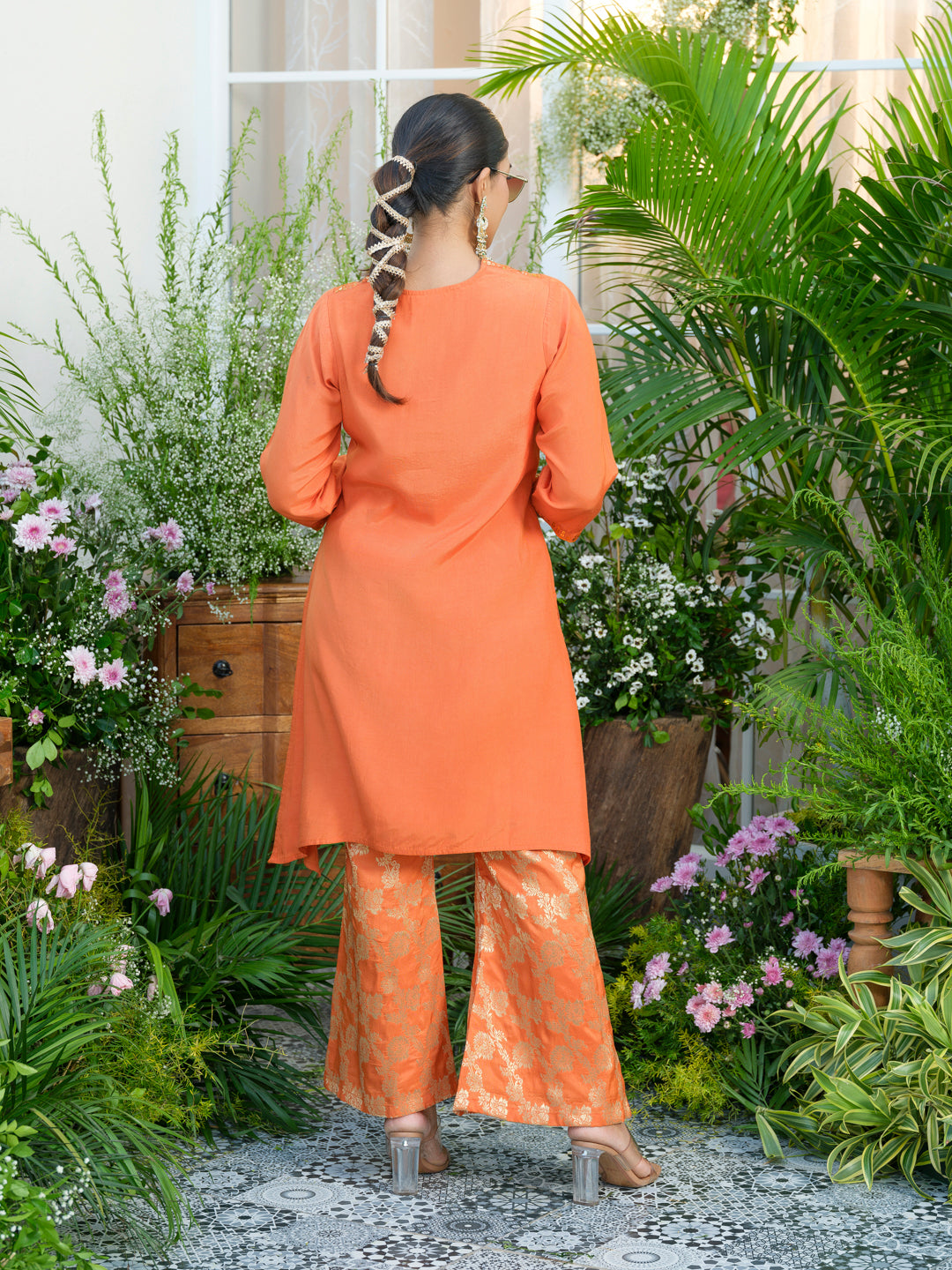 Orange Kurta with Gold Embroidery & Jacquard Palazzo Pants