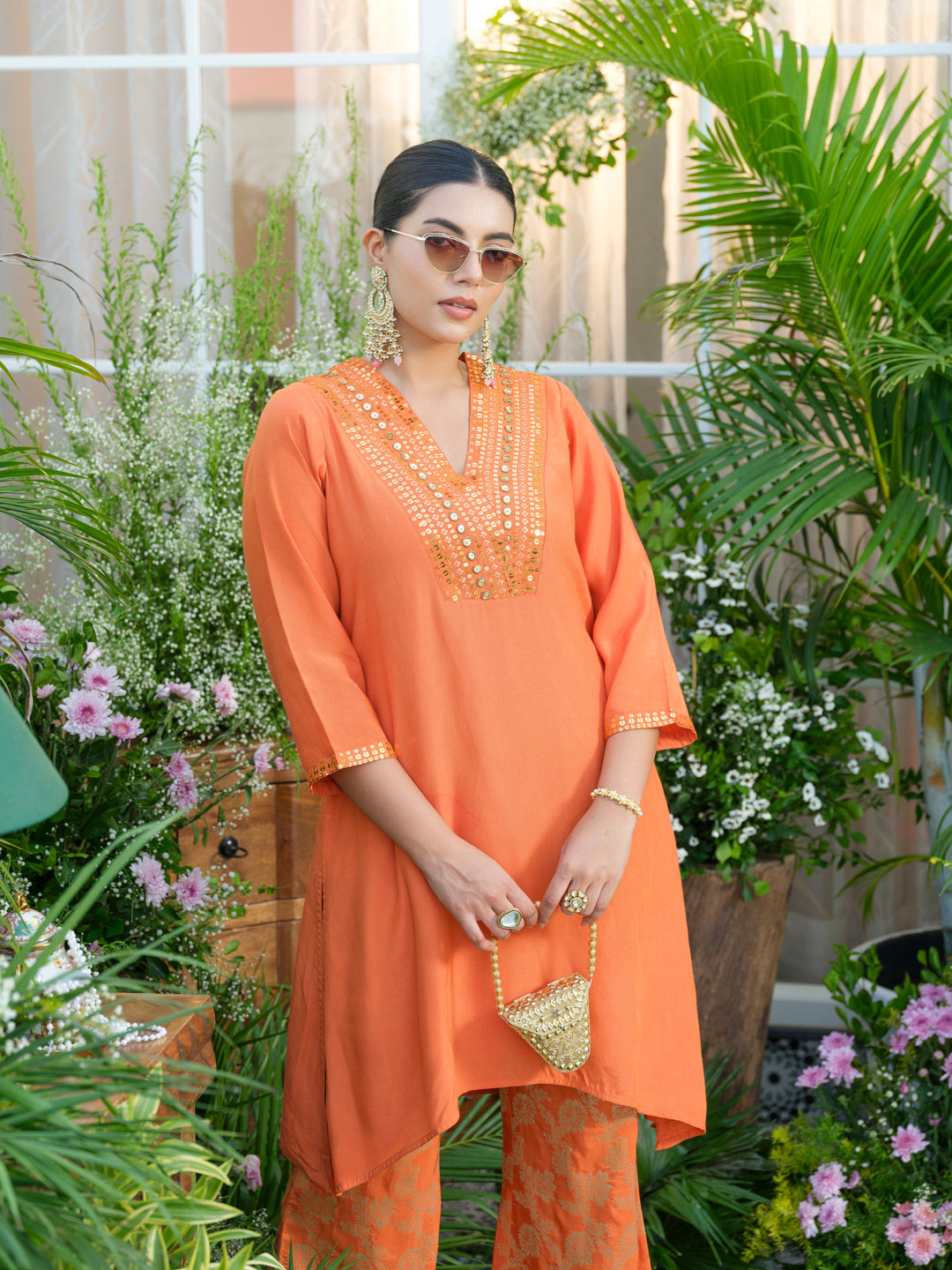 Orange Kurta with Gold Embroidery & Jacquard Palazzo Pants