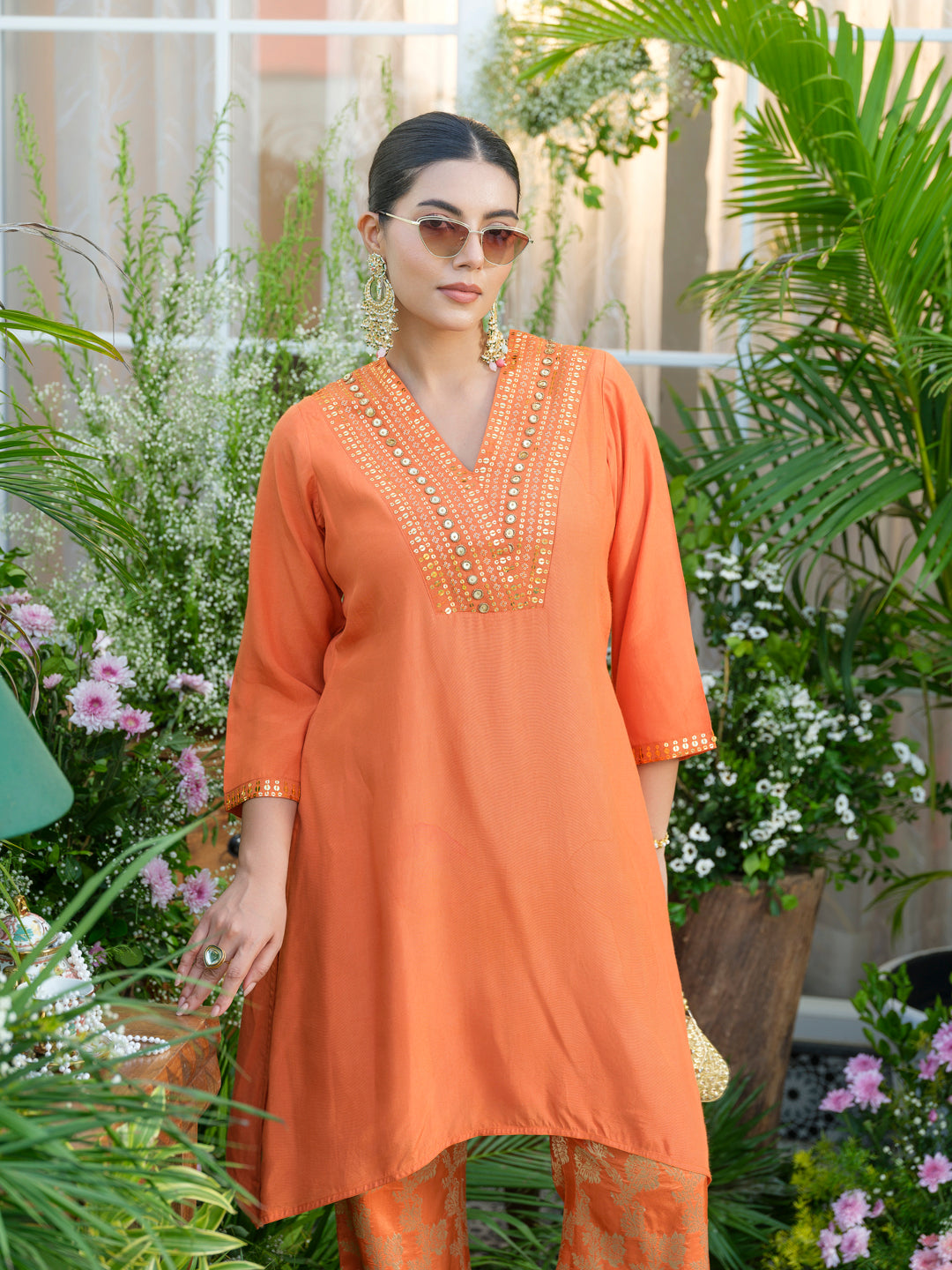 Orange Kurta with Gold Embroidery & Jacquard Palazzo Pants