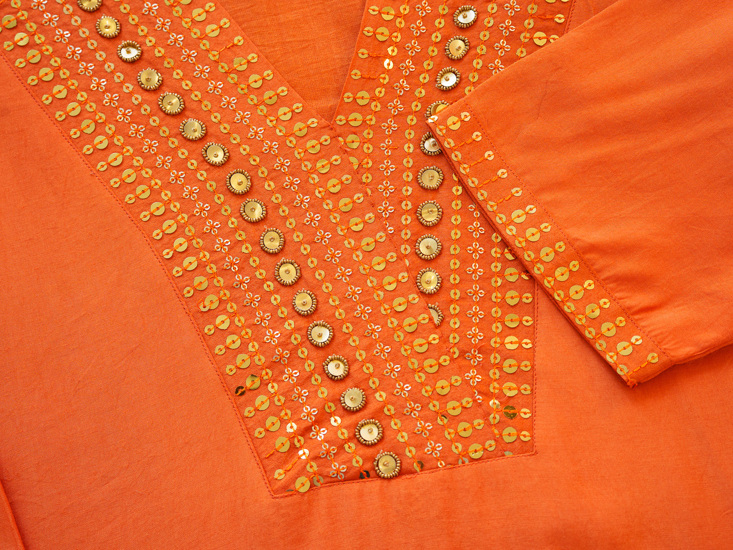 Orange Kurta with Gold Embroidery & Jacquard Palazzo Pants