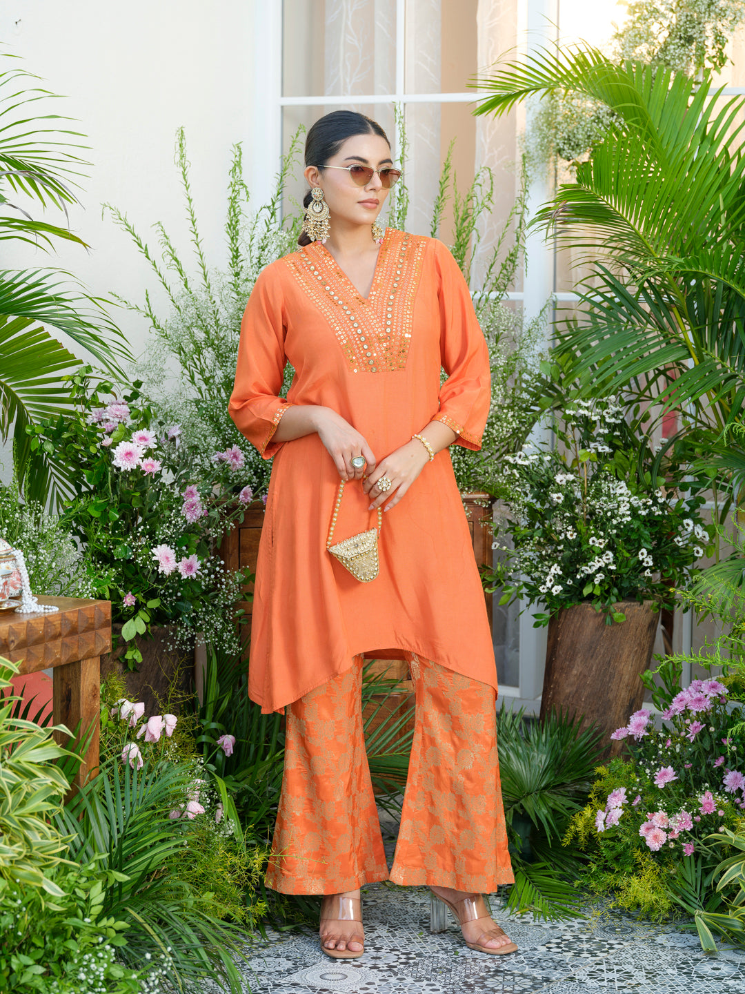 Orange Kurta with Gold Embroidery & Jacquard Palazzo Pants