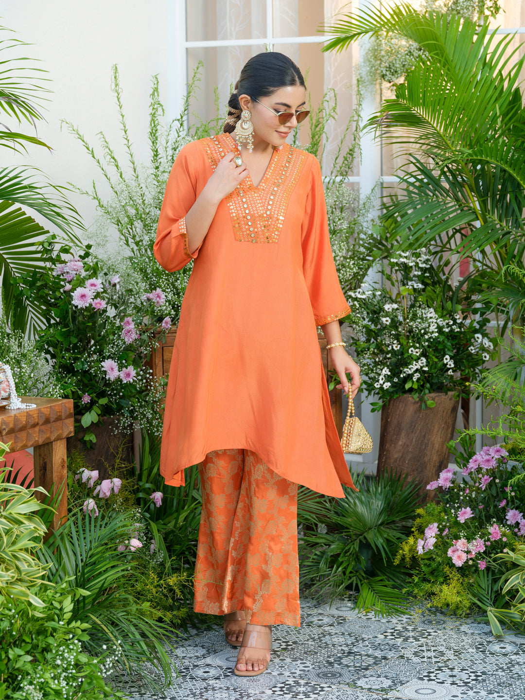 Orange Kurta with Gold Embroidery & Jacquard Palazzo Pants