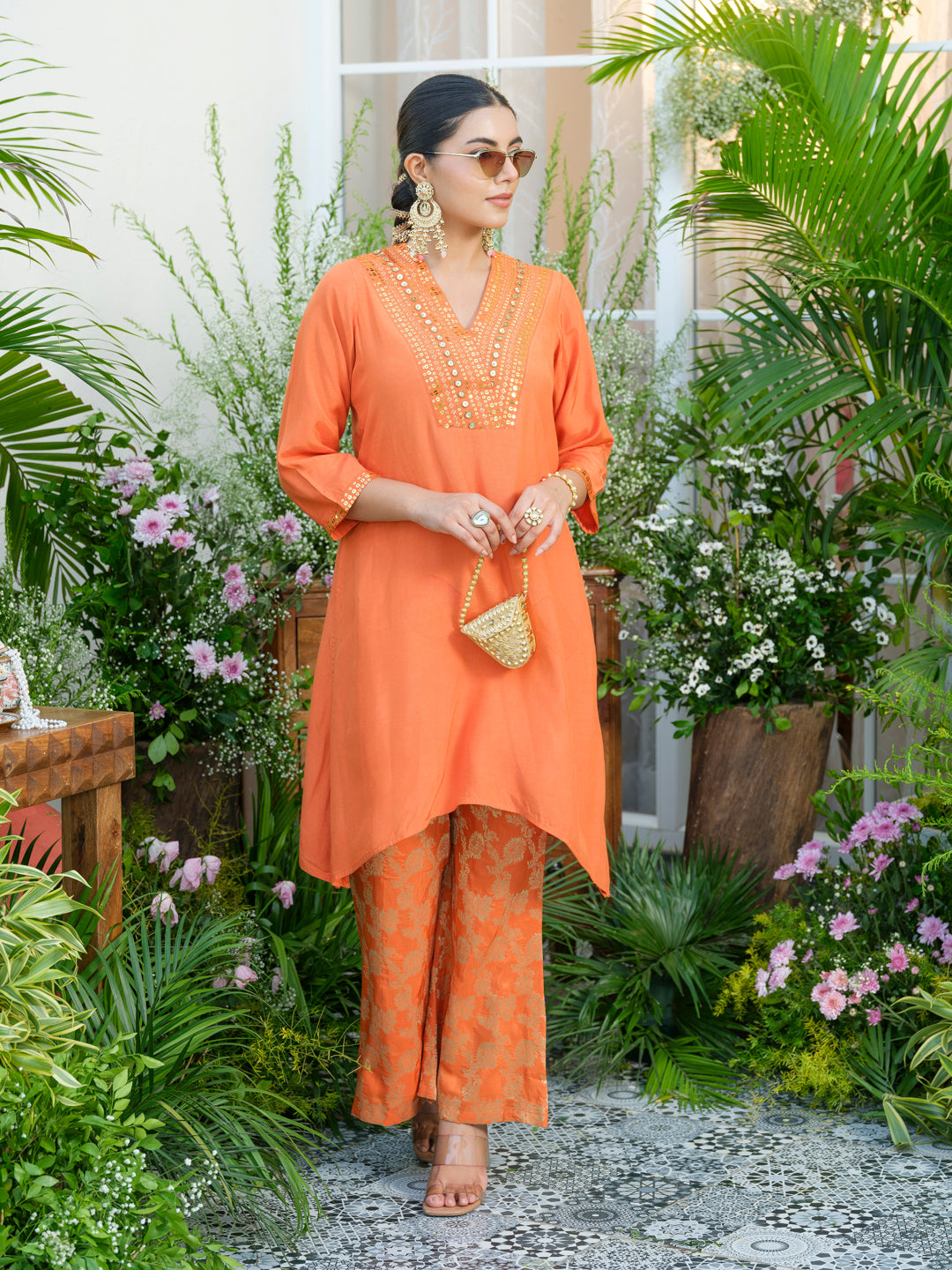 Orange Kurta with Gold Embroidery & Jacquard Palazzo Pants