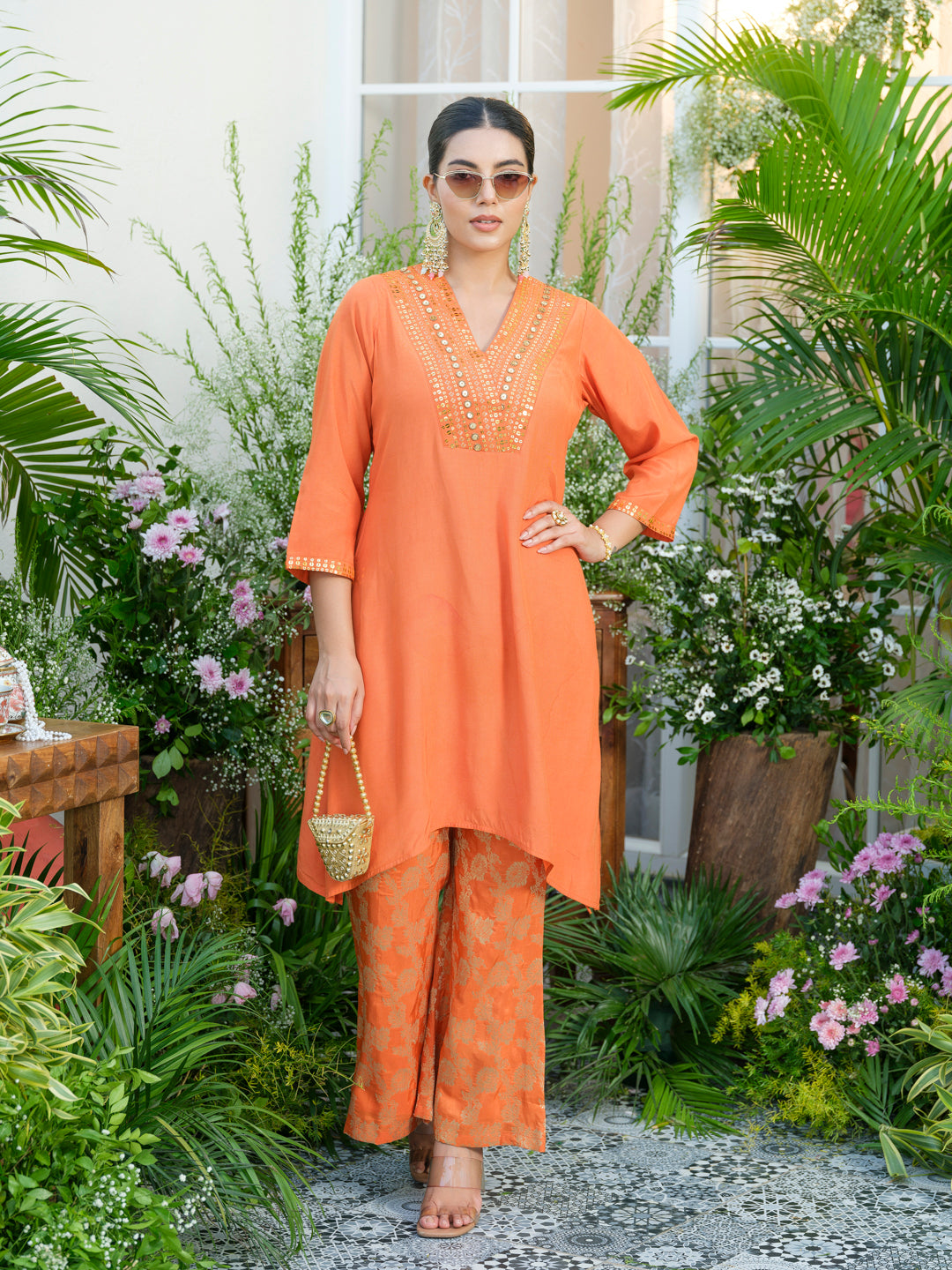 Orange Kurta with Gold Embroidery & Jacquard Palazzo Pants