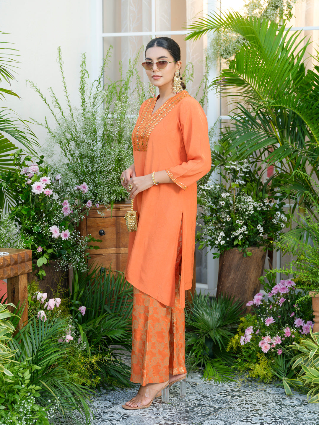 Orange Kurta with Gold Embroidery & Jacquard Palazzo Pants