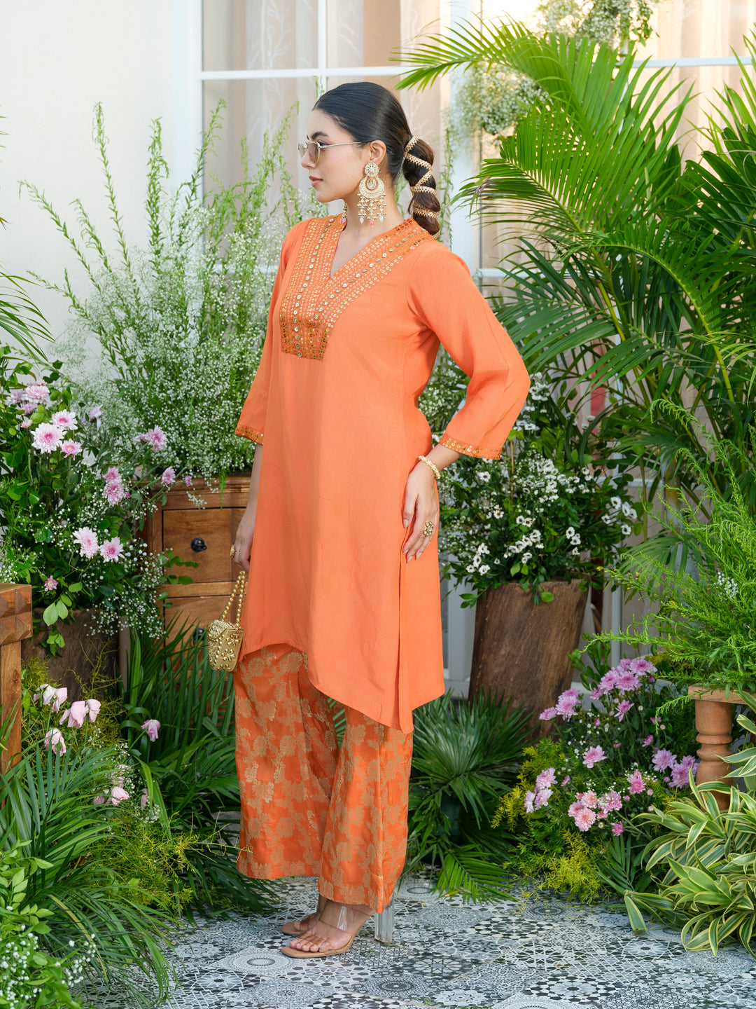 Orange Kurta with Gold Embroidery & Jacquard Palazzo Pants