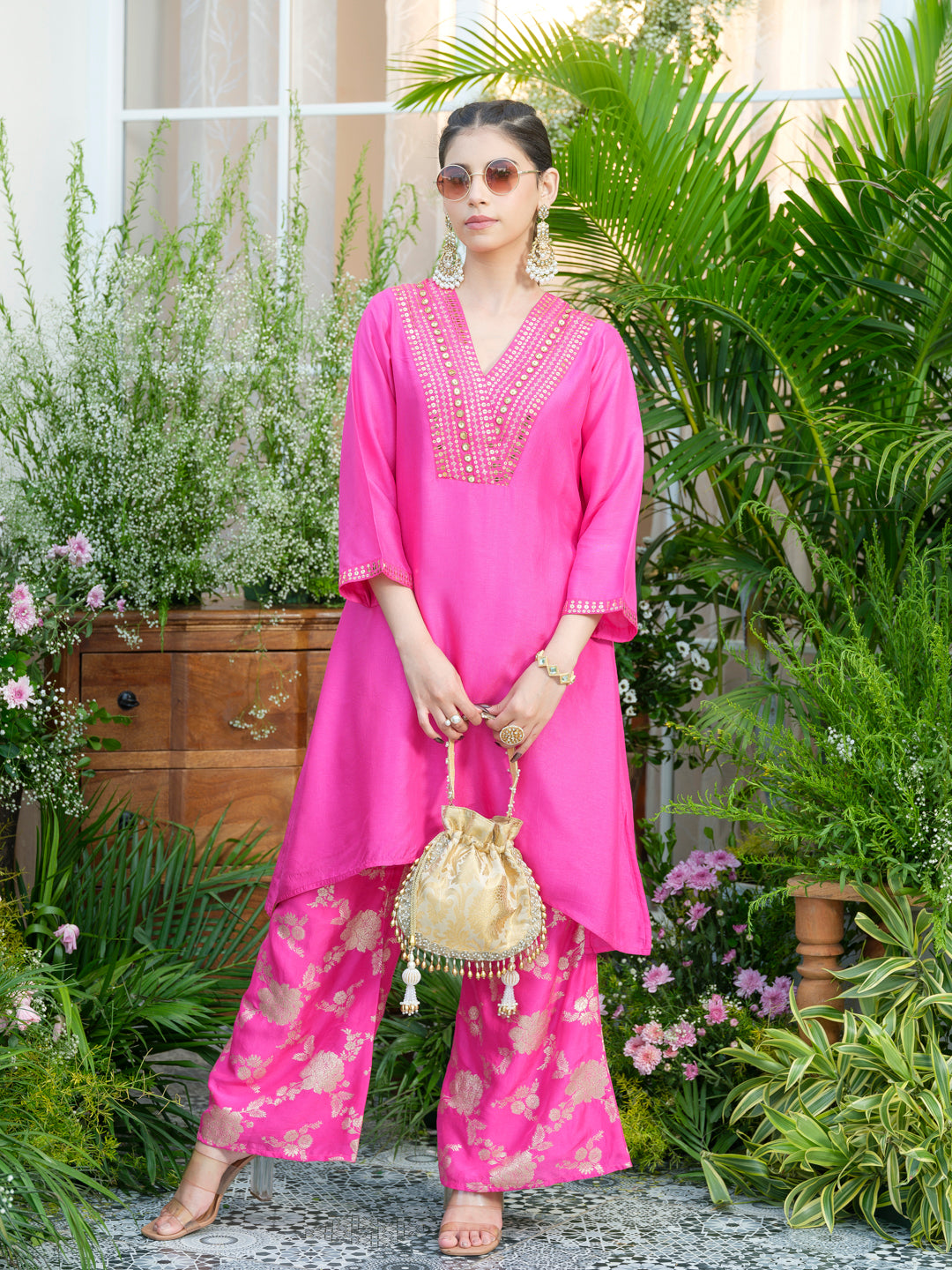 Stunning Pink Kurta with Gold Embroidery & Jacquard Palazzo Pants
