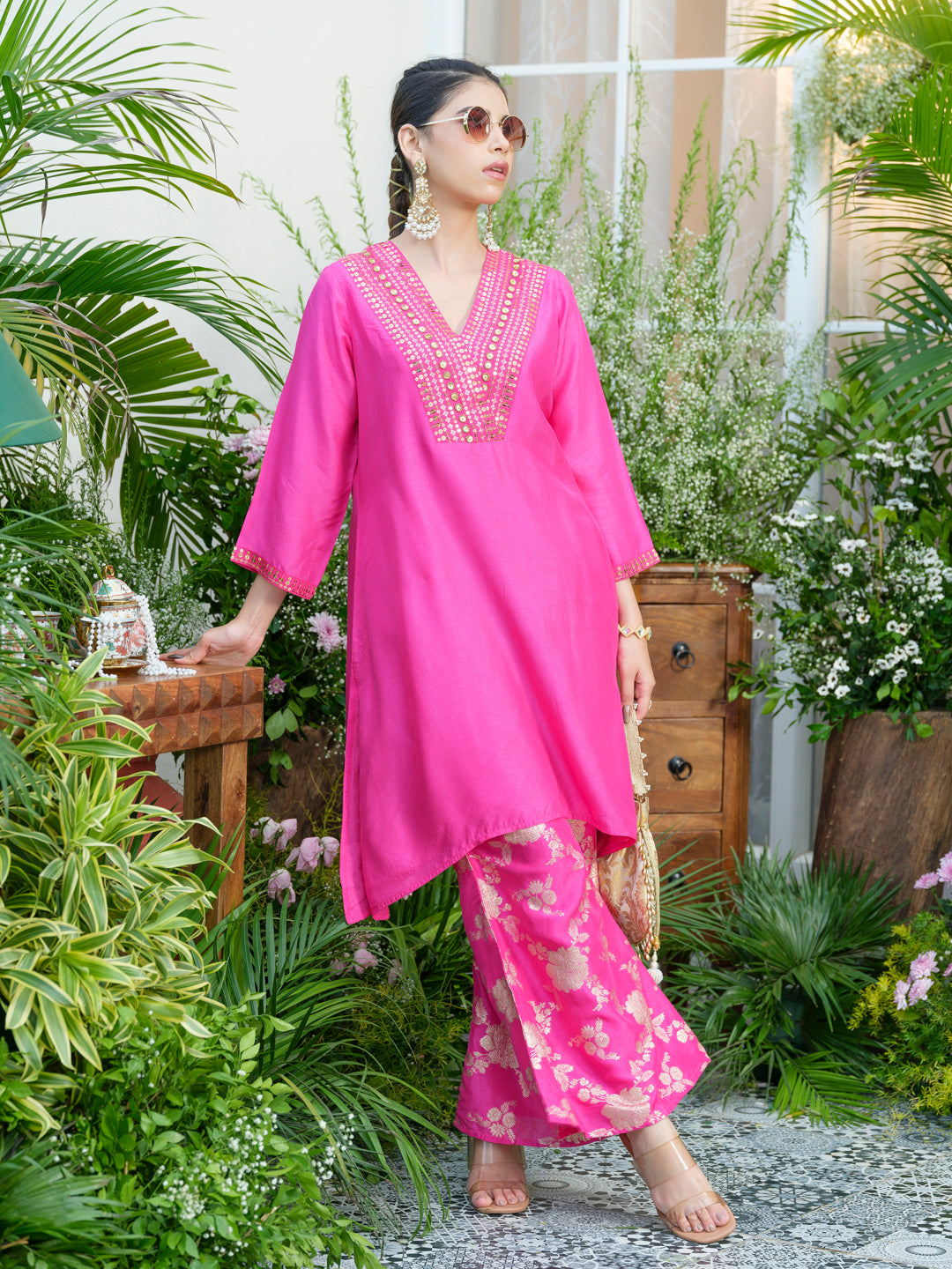 Stunning Pink Kurta with Gold Embroidery & Jacquard Palazzo Pants