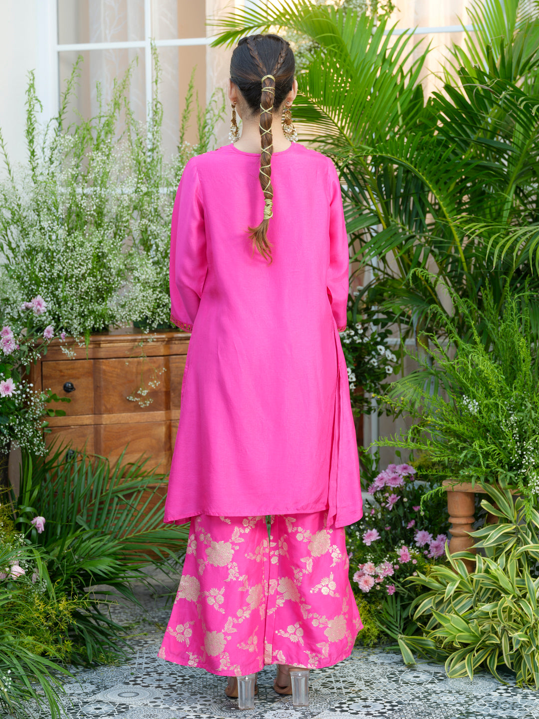 Stunning Pink Kurta with Gold Embroidery & Jacquard Palazzo Pants