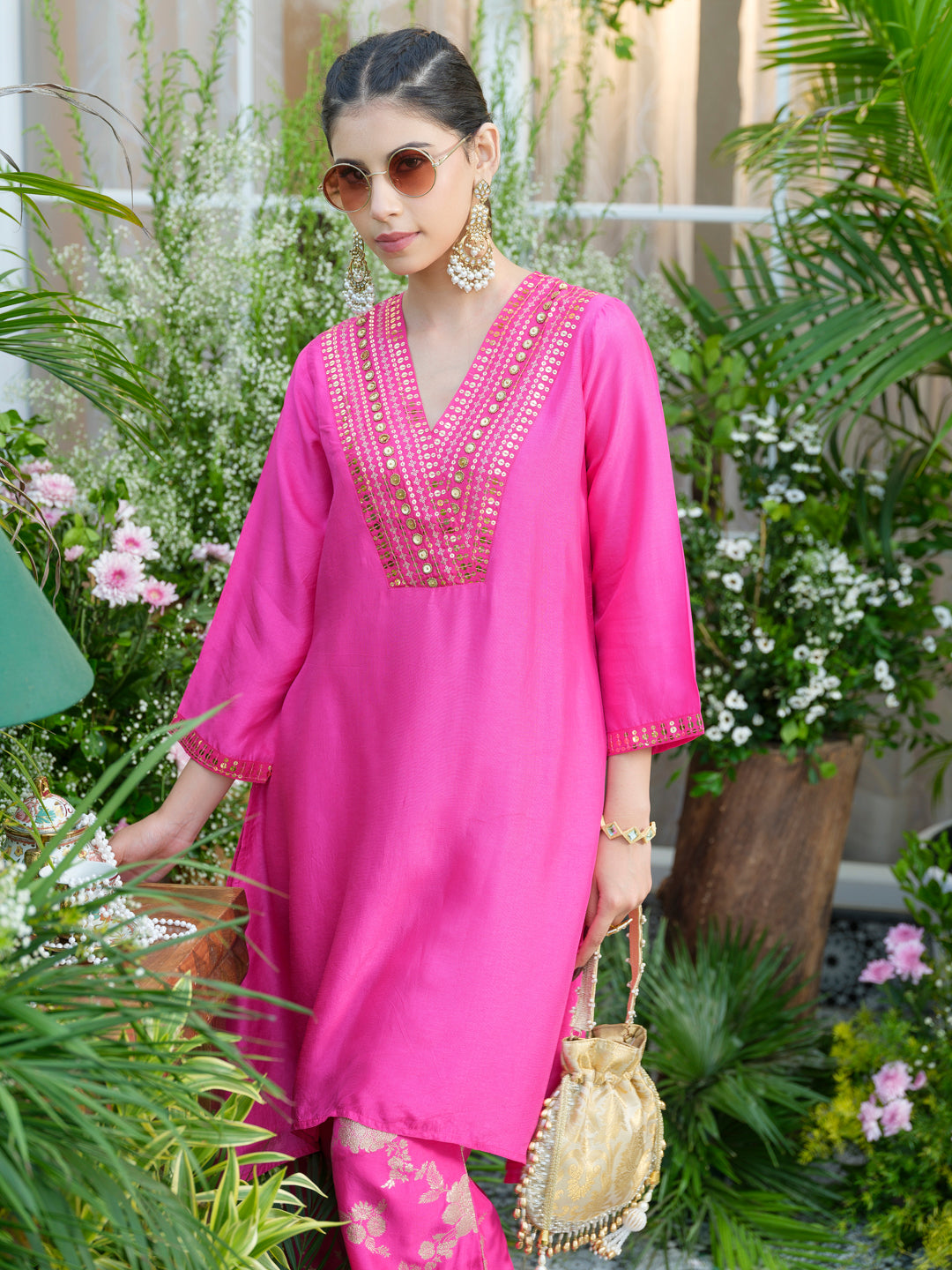 Stunning Pink Kurta with Gold Embroidery & Jacquard Palazzo Pants