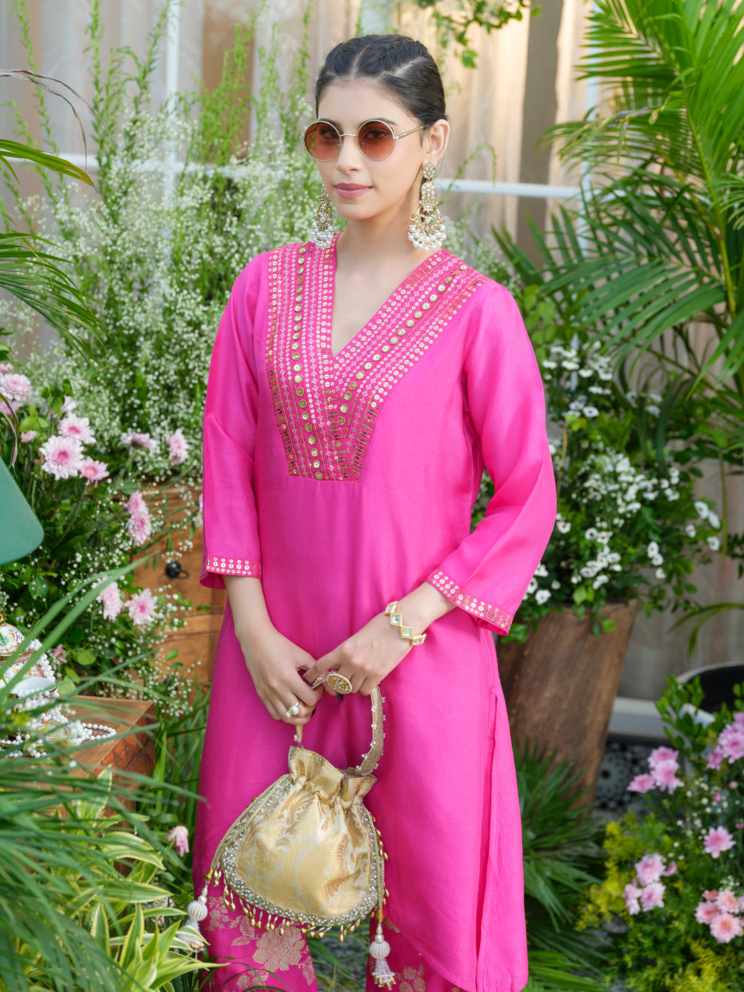 Stunning Pink Kurta with Gold Embroidery & Jacquard Palazzo Pants