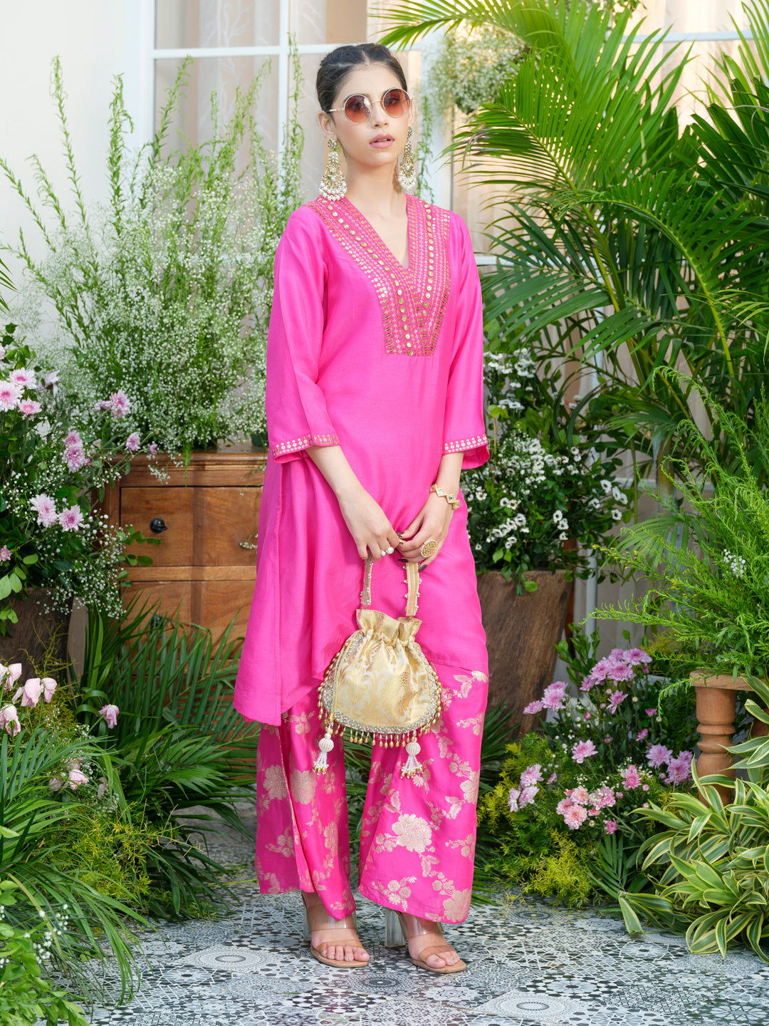Stunning Pink Kurta with Gold Embroidery & Jacquard Palazzo Pants