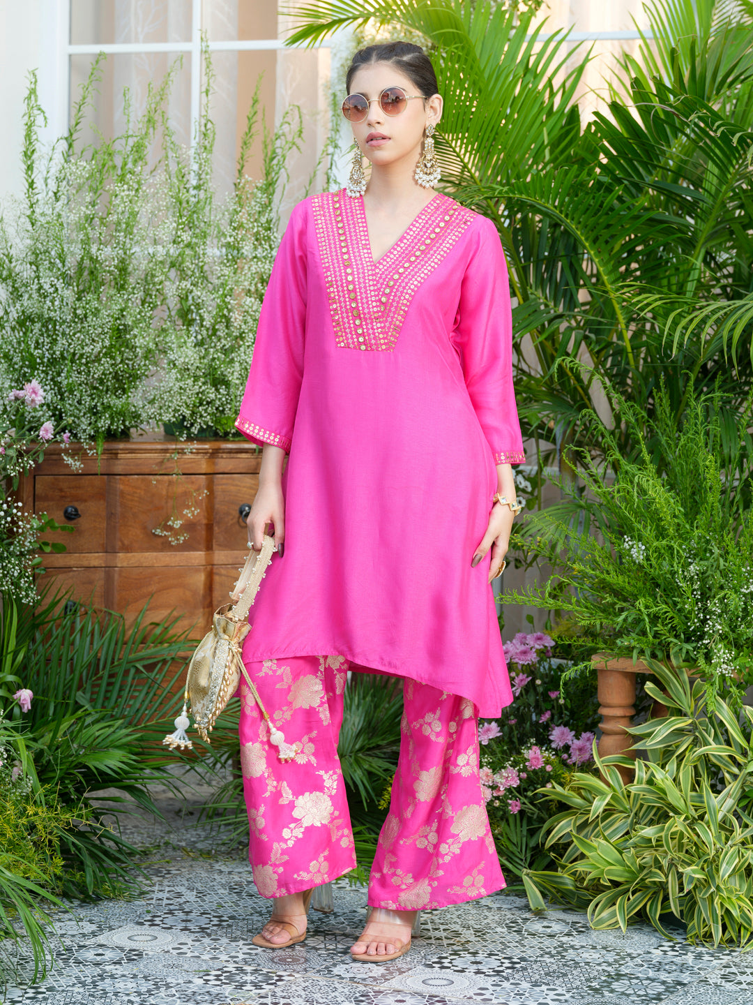 Stunning Pink Kurta with Gold Embroidery & Jacquard Palazzo Pants