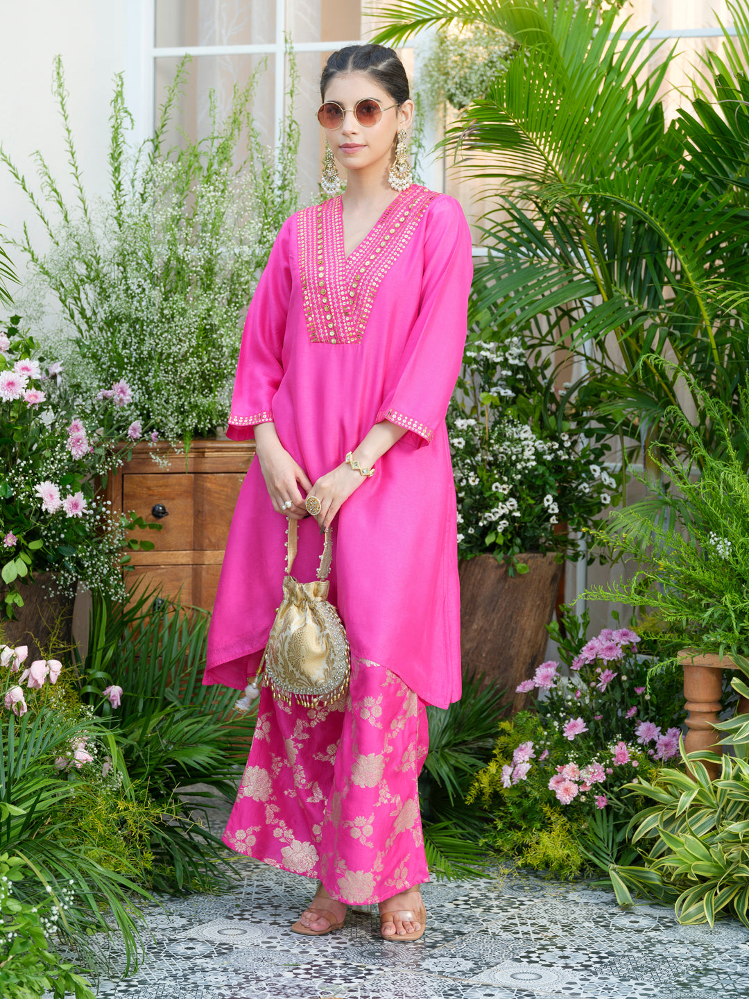 Stunning Pink Kurta with Gold Embroidery & Jacquard Palazzo Pants