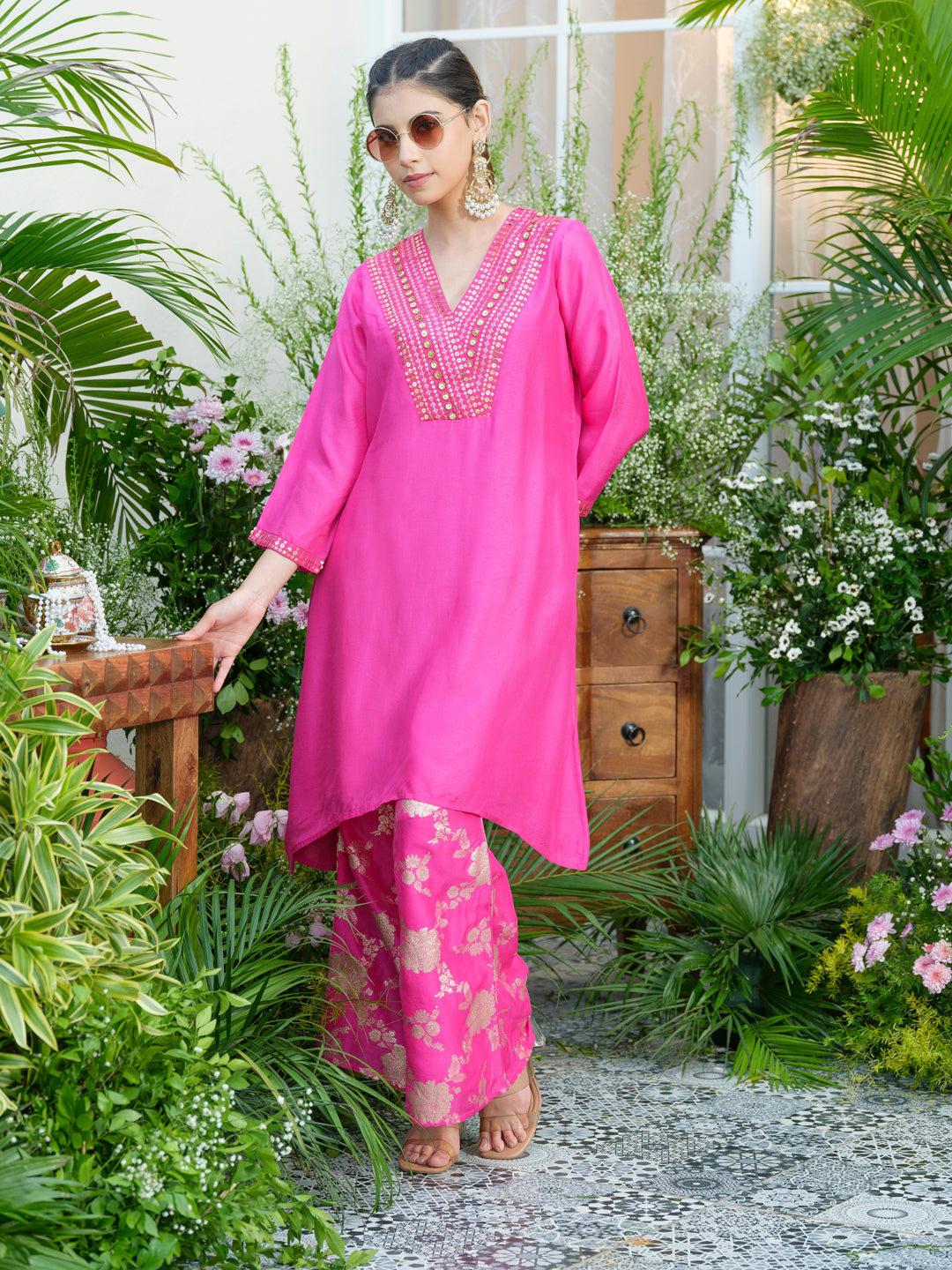 Stunning Pink Kurta with Gold Embroidery & Jacquard Palazzo Pants